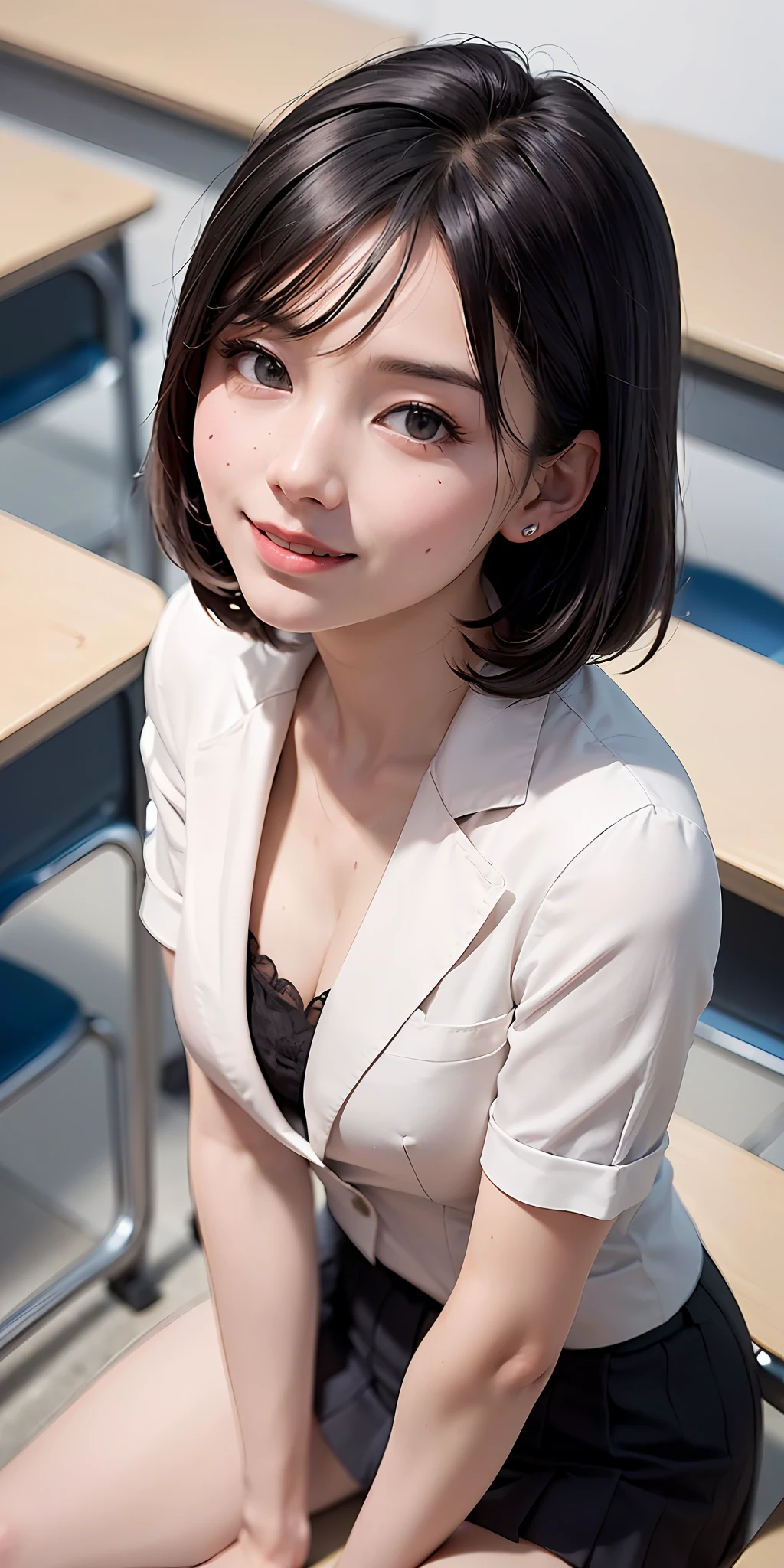 ((8k, RAW photos, top quality, masterpieces), high-definition RAW color photos professional close-up photos, (realistic, photorealism: 1.37), (highest quality), (best shadows), (best illustrations), collarbones ((big)), ((erotic, sexy, ultra high resolution, high-definition CG unified 8K wallpapers, physically based rendering, movie lighting), (aegyo sal:1), 18 year old girl, (grey blazer, ribbon, socks, high school uniform: 1.2), high school classroom, beautiful detail eyes, light on the face, ((full body shot: 1.2)), especially strong light, (upper eyes, grinning smile:1.2),shiny skin, (((black hair, bob hair:1.2))), ( thick thighs), ulzzang-6500-v1.1:0.2, shy, (flash:1.2), NSFW , (puffy), ((seductive posture: 1.2, attractive: 1.2)), (idle), (sitting at a desk in classroom: 1.2)), ((good anatomy: 1.2)), ((bright and refreshing classroom, background blurred: 1.2)), perfect face, cute face, (high angle shot:1.2)