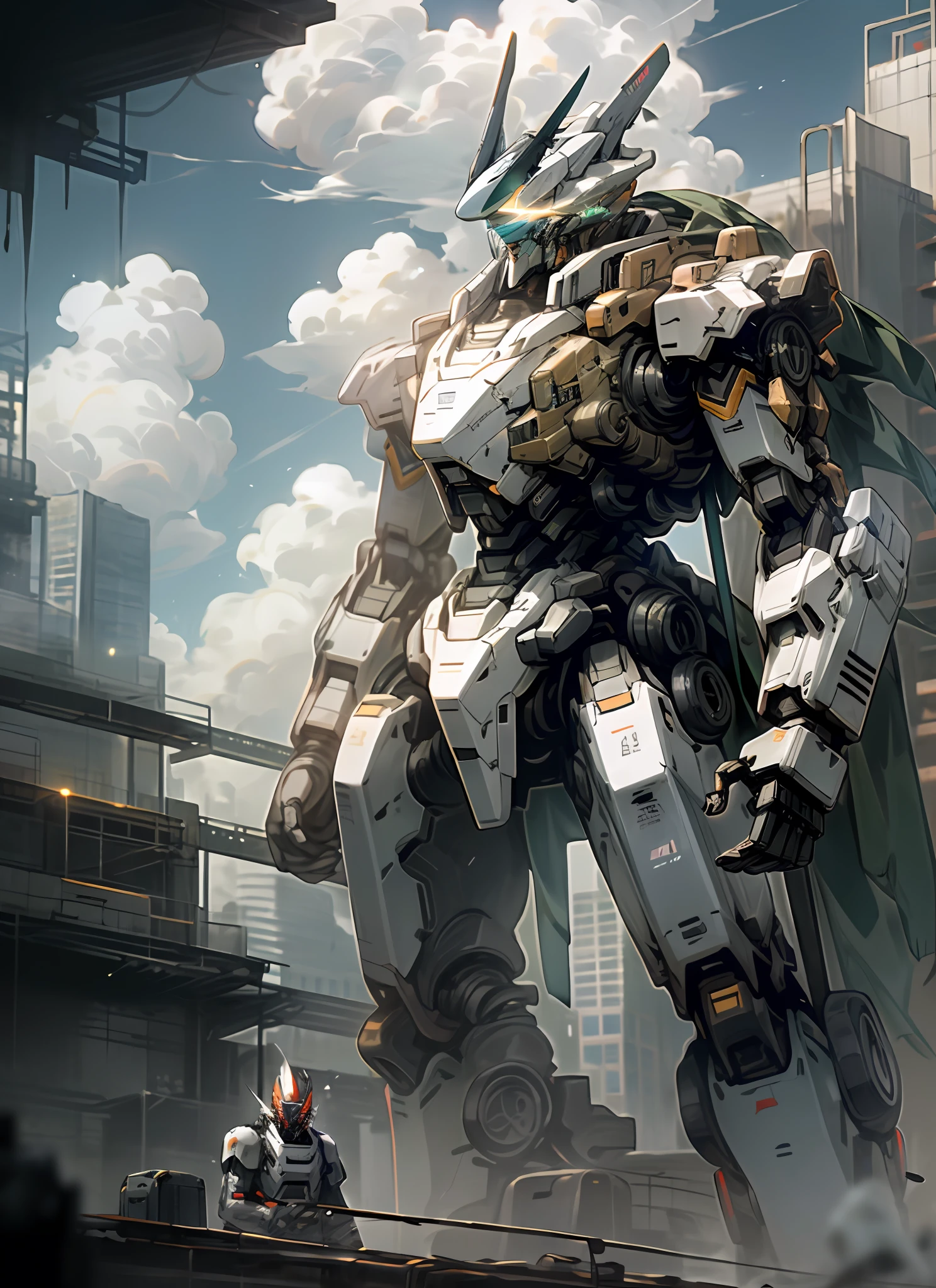 Skysky，​​clouds，Holding_arma，No_Humanity，with light glowing，，droid，buliding，Glowing_Eyes，Mecha，scientific fiction，skyscrapper，Realistis，Mecha，Glowing weapons，Confrontational posture