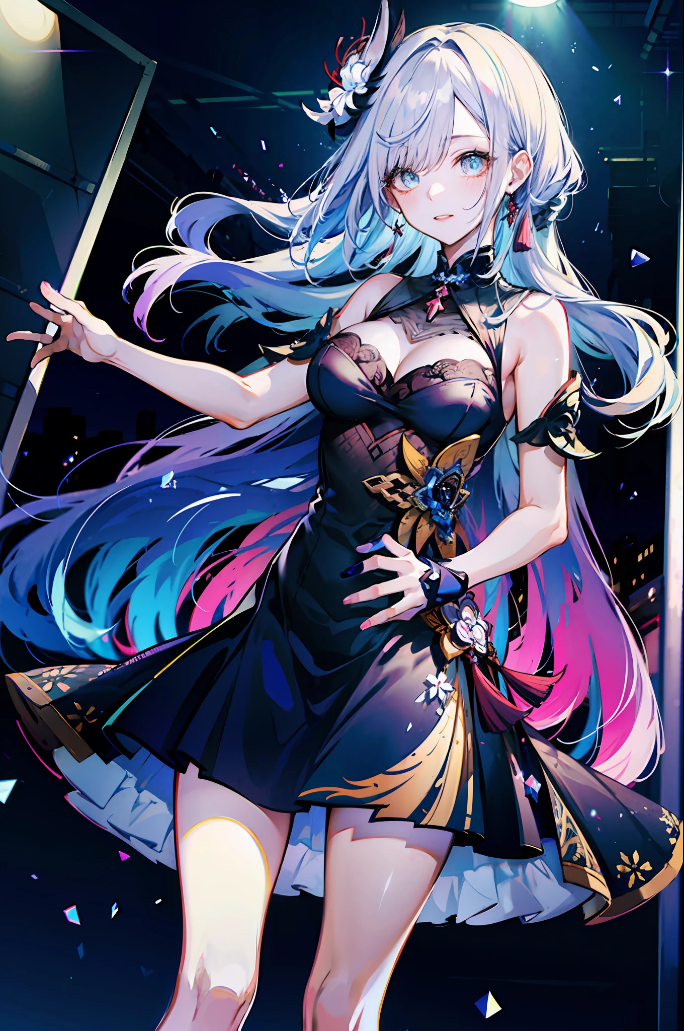 (best quality, detailed background, highres, absurdres, bloom, disheveled hair, shiny hair, exposed in lighting, bright pupils),
1girl, focus on leg, earpiece, long hair, silver hair, large_breasts, action_pose, standing, arms behind back, stage, spotlight, glass ceiling,
shenhe \(genshin impact\), hair_ornament, hair over one eye, designer dress, dutch_angle,