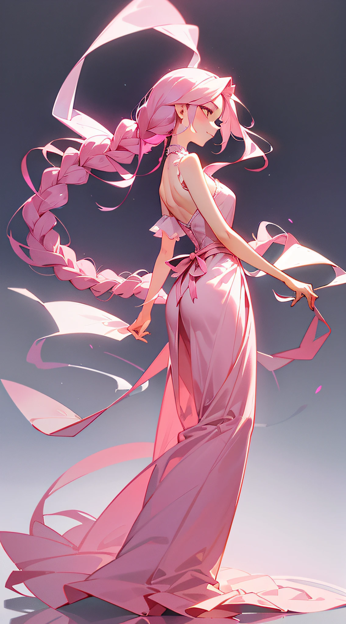 It was a woman in a long pink dress,Long hair combed into long scorpion braids,Hang down gently,From the side and back, You can see her delicate and slender white neck,Long skirt cinched at waist,Perfectly outlined her charming figure。
She had a faint smile on her beautiful face