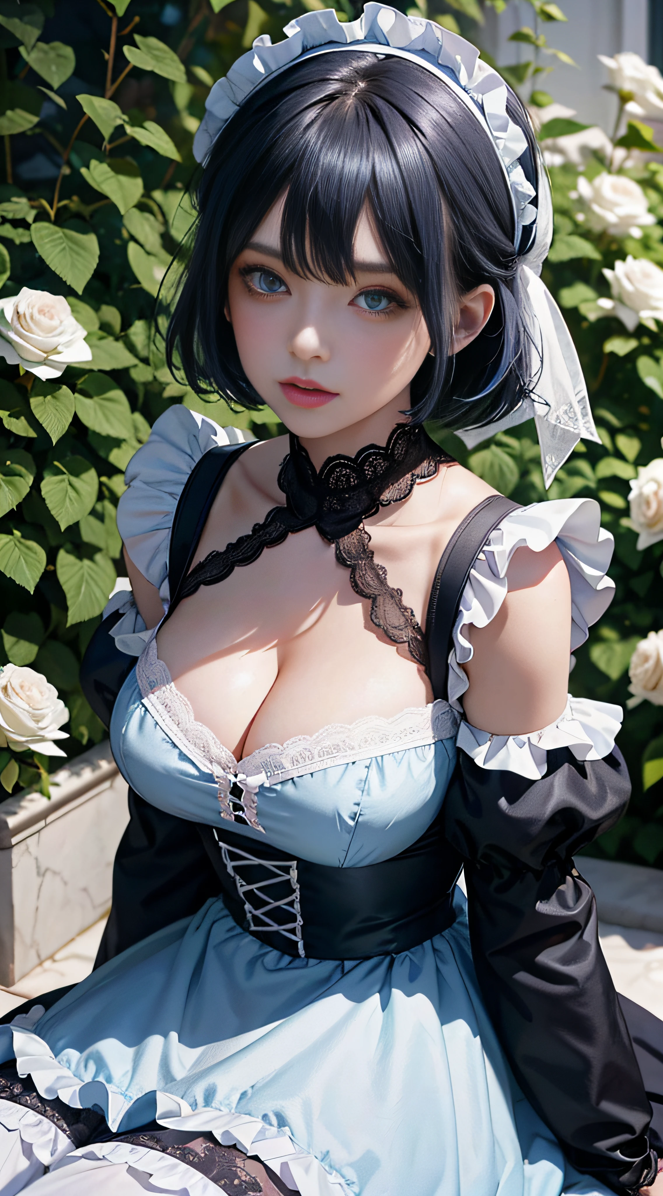 1girll，blue short hair，Hair half-covered eyes，Light blue eyes，Big eyes， huge breaavage，toentleness，Black and white Lolita，the maid outce white stockings，Look into the camera，Behind you is the rose garden，tmasterpiece，k hd --auto