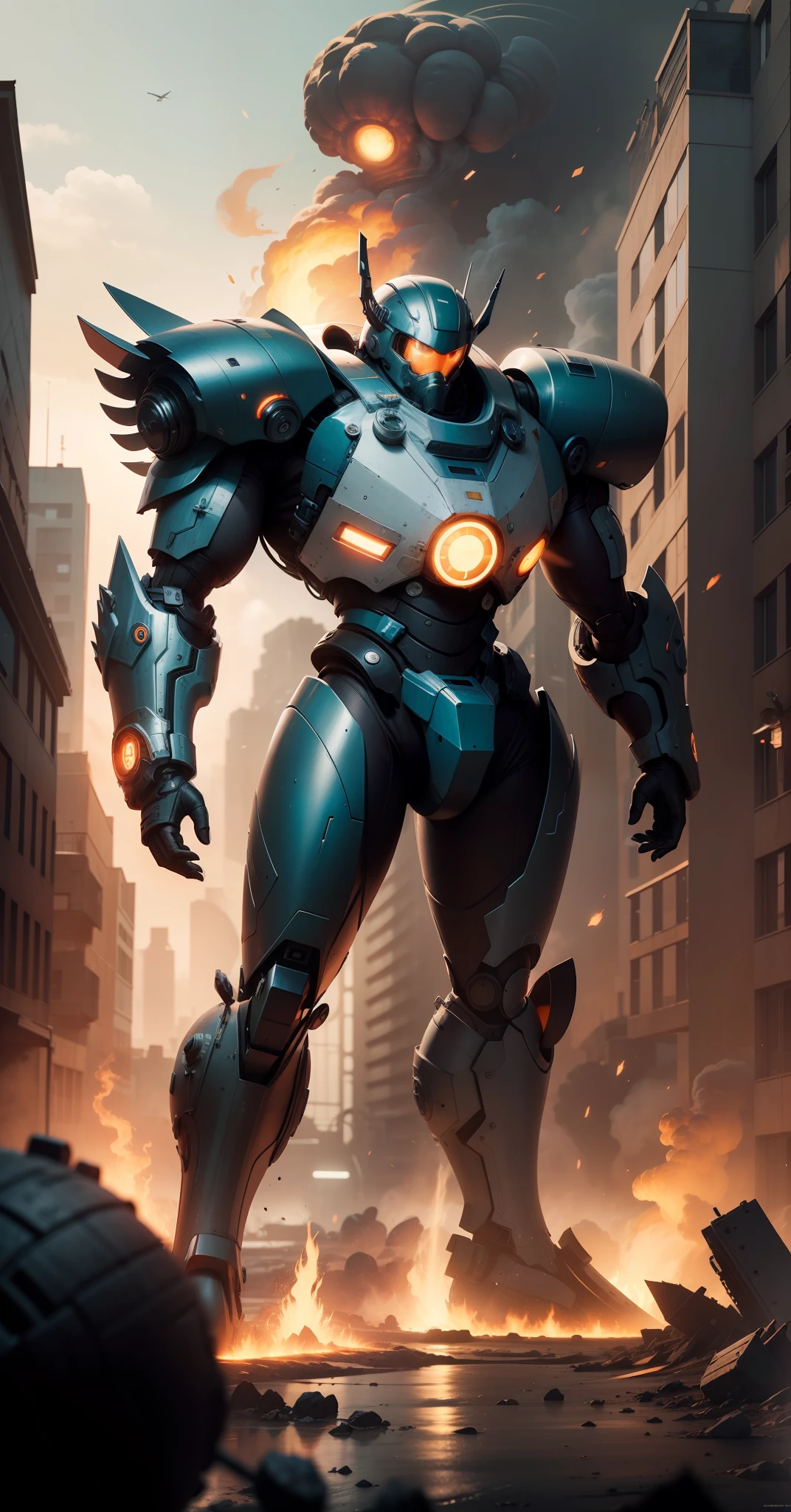 On the chest is a huge orange glowing round nuclear reactor，There is only one circle