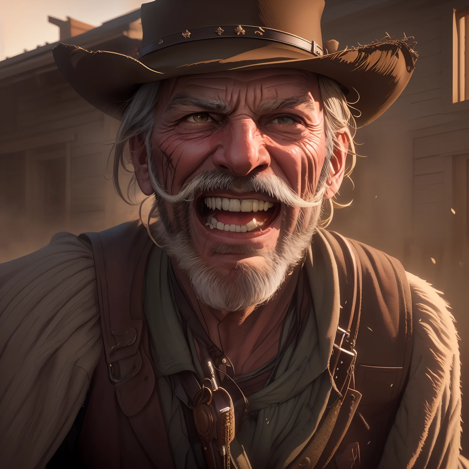 STYLE; very ugly old man, with scar on his face, wrinkled skin, smiling, mouth wide open and some teeth missing, saliva flies from his mouth, flies flying around him, Bang Bang movie style from American Wild West. IMAGE QUALITY; 8k resolution, hyper realistic, ray tracing, HDR10, IMAGE FILTER; Chamber of 1998. GENDER; Old movie. TREND; Artwork from Red Dead Redemption 2. TAGS; Close-up cinematic framing. CAMERA; Red Dragon 8k camera. FOCAL LENGTH; 23 mm wide lens. SHOT TYPE; wide shot. COMPOSITION; Low angle. LIGHTING; Sky light backlight, realistic photo, mist in the air. TIME OF DAY; Golden hour. TYPE OF LOCATION; Street with Old West themed houses.