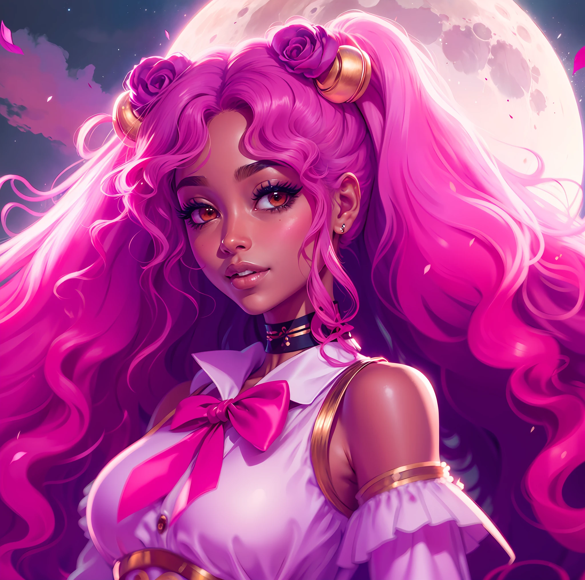 (melhor qualidade) (estilo dos desenhos animados) garota de cabelos rosas com pele preta , sorrindo vestida de salor moon rosa, tematica rosa e delicada.