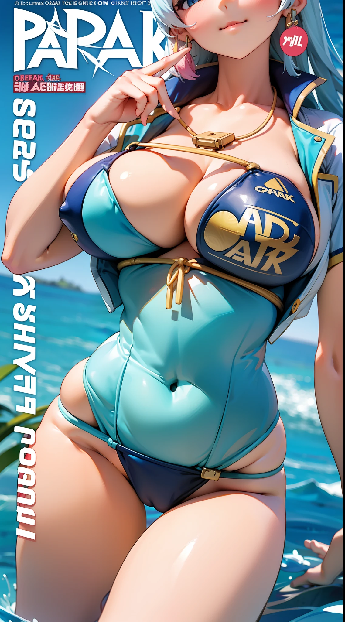 Summer skinny swimsuit，Slim and healthy body shape，huge tit，Ocean park，The curve is obvious，Gym girl,Fleshy thighs，Comic cover style，Comic title，adolable，Ocean park