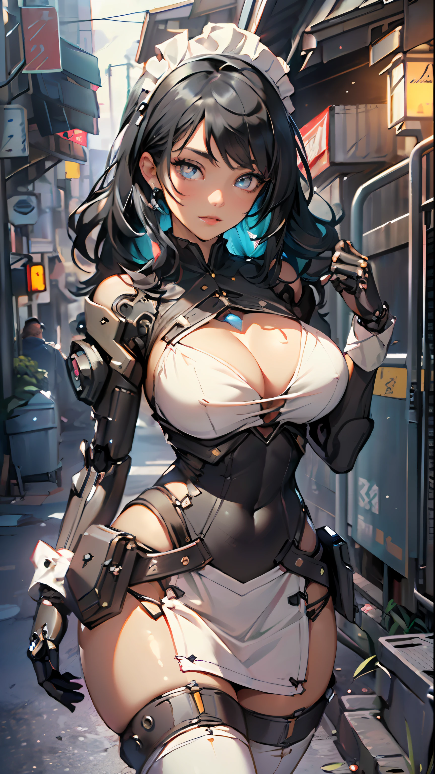 xmech,robot,
maid android,(1girl:1.3),((anime mechanical robot girl with extremely cute and beautiful black hair walking seductively down the street)),
(large breasts:1.4),saggy breasts,(((black bob hair:1.35,colored inner hair,ear breathing))),(((doll))) ,((blue eyes,white skin,doll joints,mechanical hands,silver armored dress,tesla coils, maid mechanical doll, Body of a machine,metallic skin, ball joint, no facial features, data in the eyes,)),((blue eyes:1.3,upturned eyes:1.3,perfect eyes,beautiful detailed eyes,gradient eyes:1,finely detailed beautiful eyes:1,symmetrical eyes:1,big highlight on eyes:1.2)),(fat:1.2),(((lustrous skin:1.5,bright skin: 1.5,skin tanned,shiny skin,very shiny skin,shiny body,plastic glitter skin,exaggerated shiny skin))),(spider lower abdomen,narrow waist,wide hip,athletic body,inflated legs,delicate detailed fingers,detailed body,detailed arms,human hands, detailed hands),
cute,slutty,seductive,erotic,nsfw,
(maid headdress), bare_shoulders, delicate metal decorations, Headdress, (maid), sleeveless, miniskirt, boots, cleavage_cutout, bare_legs,(detailed outfit,detailed clothes),
(dynamic pose:1.0),solo focus,embarrassed,centered,scale to fit dimensions,Rule of thirds,
outdoors, ((night view)), (cyberpunk night street Background: 1.5,dark sky,alleyway,lonely alley,thick clouds, detailed background:1.25),
(best quality), (high resolution), (sharp focus), (ultra detailed), (extremely detailed), (extremely high quality artwork), 8k_wallpaper, (extremely detailed CG 8k),(very fine 8K CG), ((hyper super ultra detailed perfect piece)), flawless, (((masterpiece))), illustration, vibrant colors, (intricate), High contrast, Selective lighting, Double exposure, HDR (High Dynamic Range), Post-processing, Background blur,