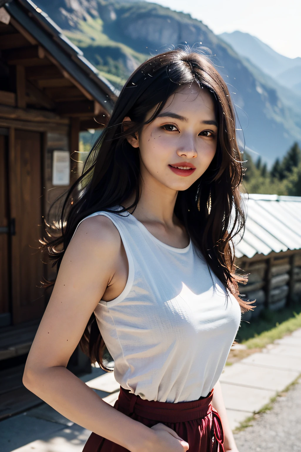 (in 8K、 Raw photography、top-quality,、hight resolution),、(hyper realisitic)、(realisitic),、Soft light、、girl with、Lifelike face、Realistic body、real looking skin、absurderes、​masterpiece、Cuties、独奏、Innocent eyes、blusher、Cinema Lights、cherry colored lips、The hair 、a closeup、looking at viewert、 Open lips,、Upper teeth,、(Smiling eyes:0.6)、eyes focus、professionally lit、CG Social Trends、Plastic En、((Black Long Hair))、((Beautuful Women))、(A smile)、Fashionable、A sexy、Hair that flutters in the wind、((Flowing hair))、Happy -、fashion magazine、((lighting like a movie))、((mountain hut))、