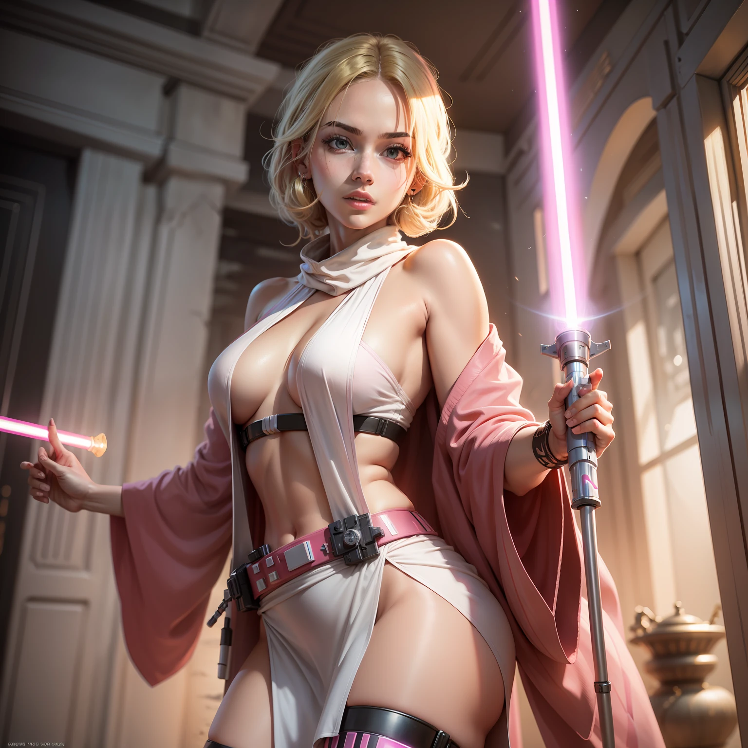 jedi, sexy, 8k, blonde, pink light saber,
