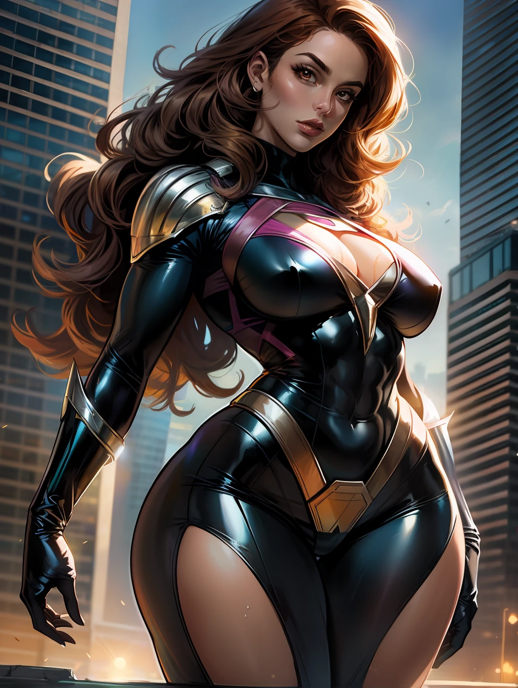 ((A stunningly powerful depiction of a super_hero-girl)) with a (taut and curvy-musculat torn), super_hero feminine taut bodysuit made of (pink wet-look latex), showcasing her ((hourglass body)) and (muscular physique). She has (ginger hair) styled in a large curly and captivating manner. The image features her in a solo shot, exuding confidence and strength, striking a (contrapposto pose). This artwork will be inspired by the (Marvel: Artgerm 70's-90's american comics style), incorporating elements from the works of Artgerm and the iconics illustrations. The environment/background should complement the character, (outdoor) with a (cityscape) to create an (adventurous and heroic atmosphere). The image should be a (digital illustration), focusing on (sharp focus) to highlight every detail in toned muscle. The (medium shot) captured with a (medium telephoto lens), (slightly elevated view) for an erotic engaging perspective. The lighting should be ( amazing appeal), emphasizing (highlights and shadows) to enhance the character's presence. beautiful detailed face, The desired level of detail is (high), with a (300 DPI resolution), ensuring (impressive visual clarity and impact).