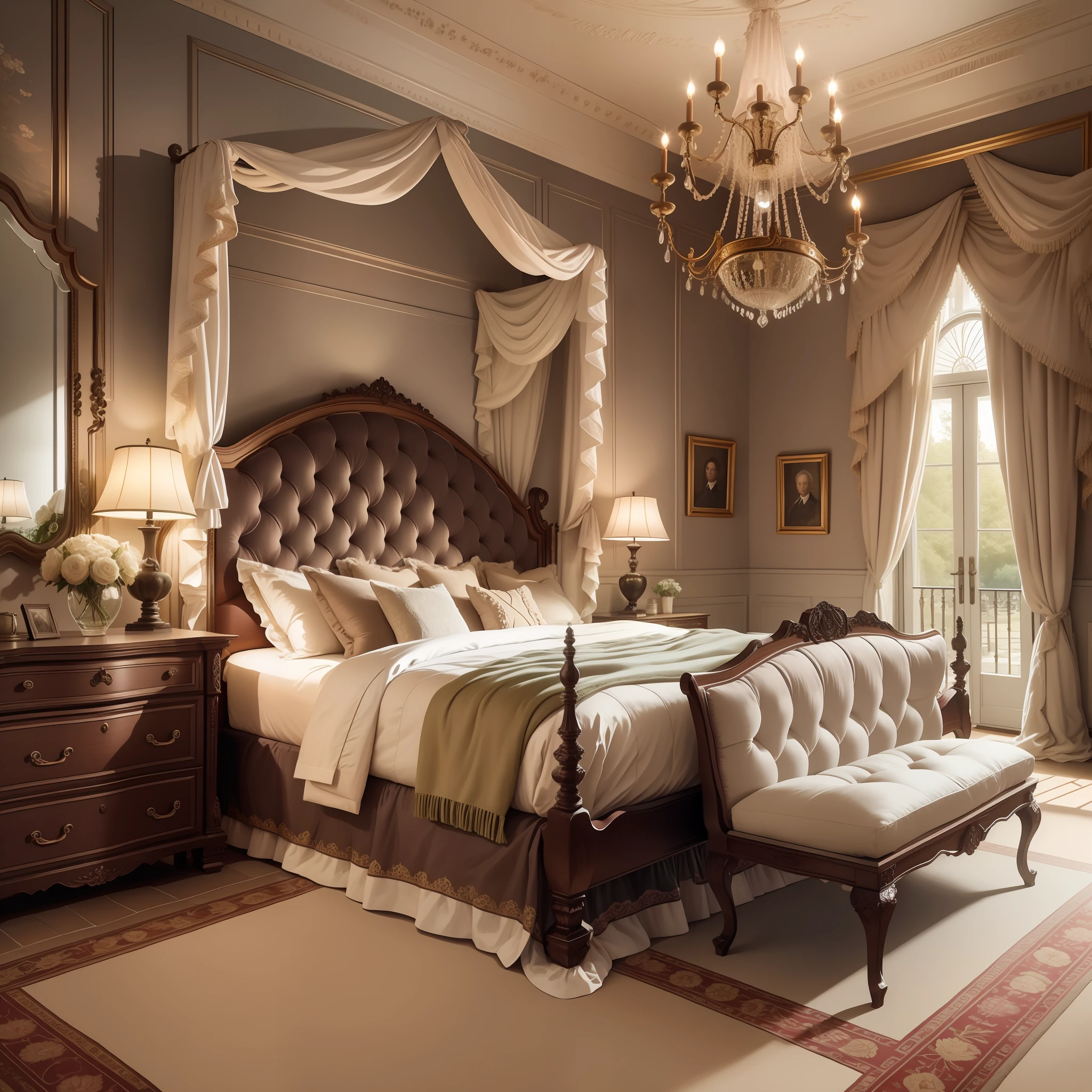 masterpiece, 8k wallpaper, master bedroom of 1850s victorian huge and beautiful english rural mansion, satin linen, canopy huge bed, pillows and cushios, carpet, fireplace, shinny candlelight iluminattion, realistic, intrincated detailed, elegant and romantic decoration, bedside table