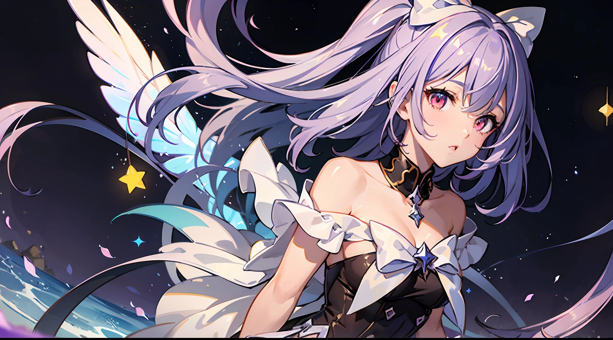 masterpiece, magical girl, dark skin, clean skin, (purple hair), red eyes, adult, bow with stars, bow with stars on the back of the dress, short skirt, high quality, solo, no extra arms, stars in the middle of the bow, yellow stars, pink skirt, better hands, perfect anatomy, facing camera, shoulder length hair, darker skin, brown skin,
