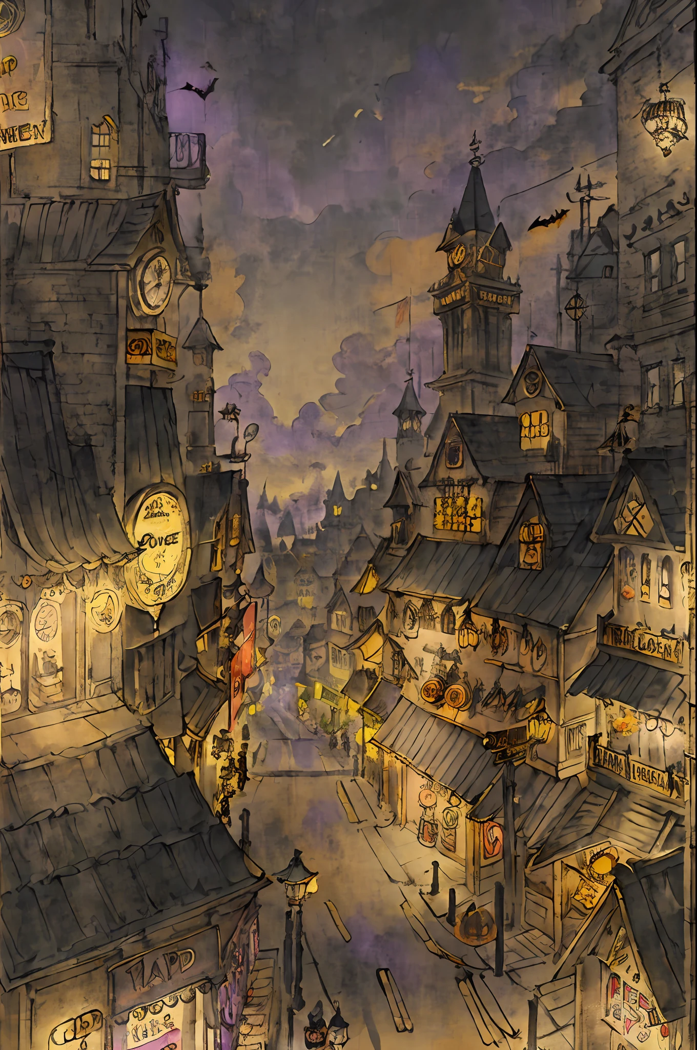 One-person viewpoint、Beautiful futuristic Halloween color shopping street packed with 3D, 2D and steampunk elements、Dreamy views of steampunk tower architecture and magical elements、Vivid HD Animation Halloween Color Shopping Street、Animated landscape concept art、Gorgeous Golden Steampunk Shopping Street、Steampunk Halloween-colored shopping streets and anime-style fantasy artwork