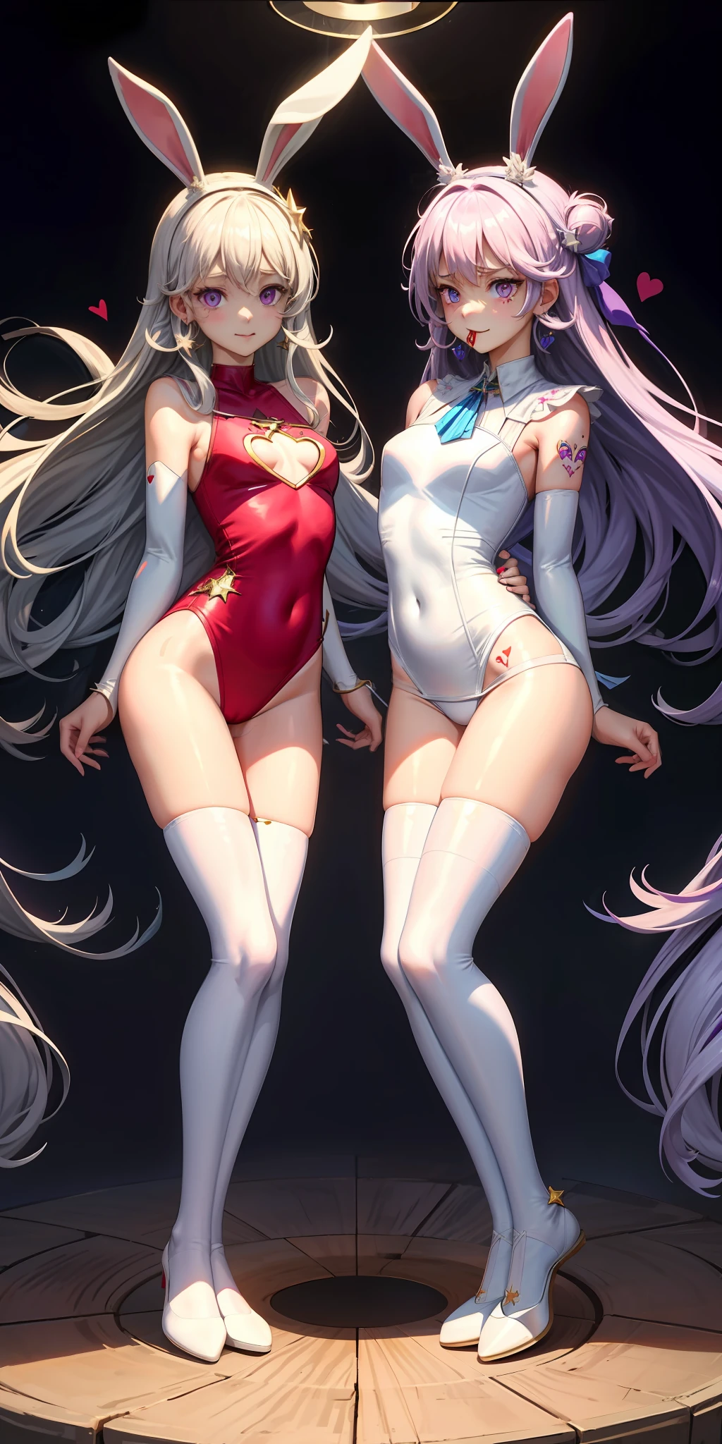 2girls，Long white hair，Purple eye，glowing light eyes，Be red in the face，aboard，White one-piece stockings, Legs that cross each other，bunnygirl，stroking each other，Stand up，highest  quality，heart tattoo，star-shaped earring，low chest, masterpiece, licking icecream