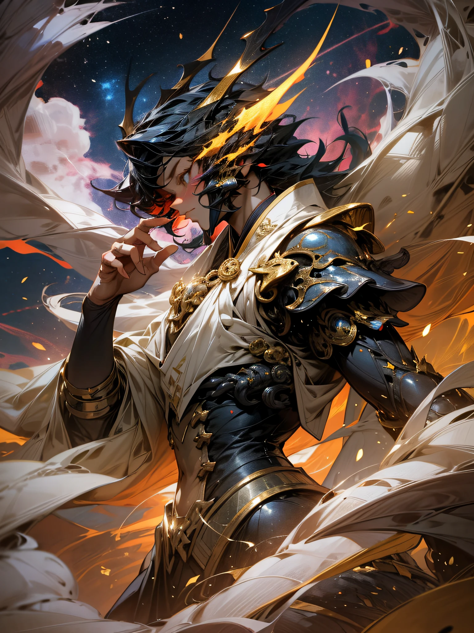 (8K,tmasterpiece,best qualtiy),超高分辨率,(realisticlying:1.4),a Oriental Dragons,Colored scales,Mecha covers the whole body,Machinary,Shining starry sky,Cloud,A detailed,ultra - detailed,sci-fy,Extremely fine,Golden runes,Particle effect,Focus,East Asian type,Golden antlers,(Magical Circle:1.2),stare into the distance
