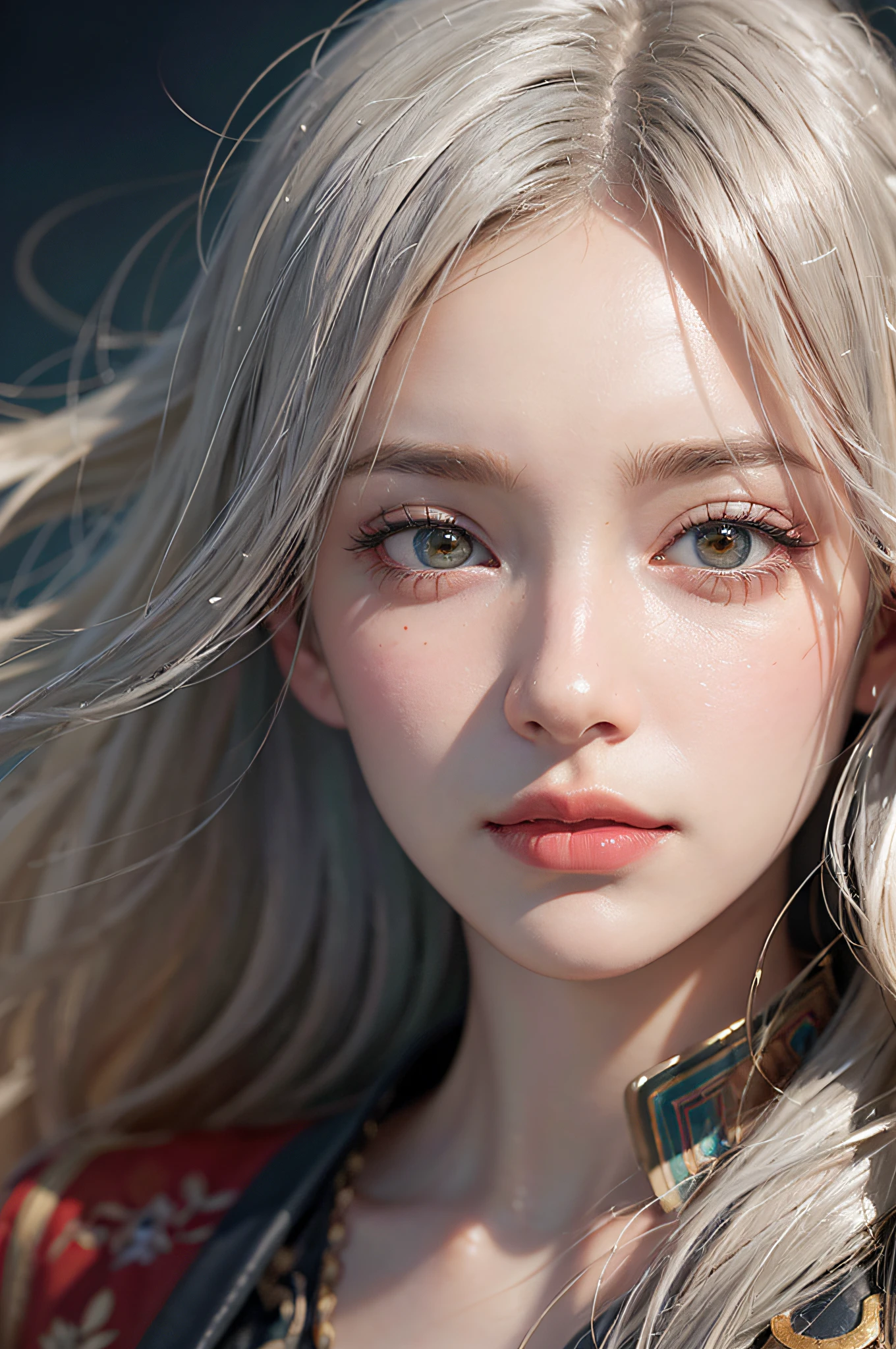 Hyperrealist portrait of female by david hockney and alphonse mucha,fantasy art, photo realistic, dynamic lighting, artstation, poster, volumetric lighting, very detailed faces, 4 k, award winning,, 1girl, in the dark, deep shadow, low key,cowboy shot,(official clothing:1.4) ,long hair,white hair,
