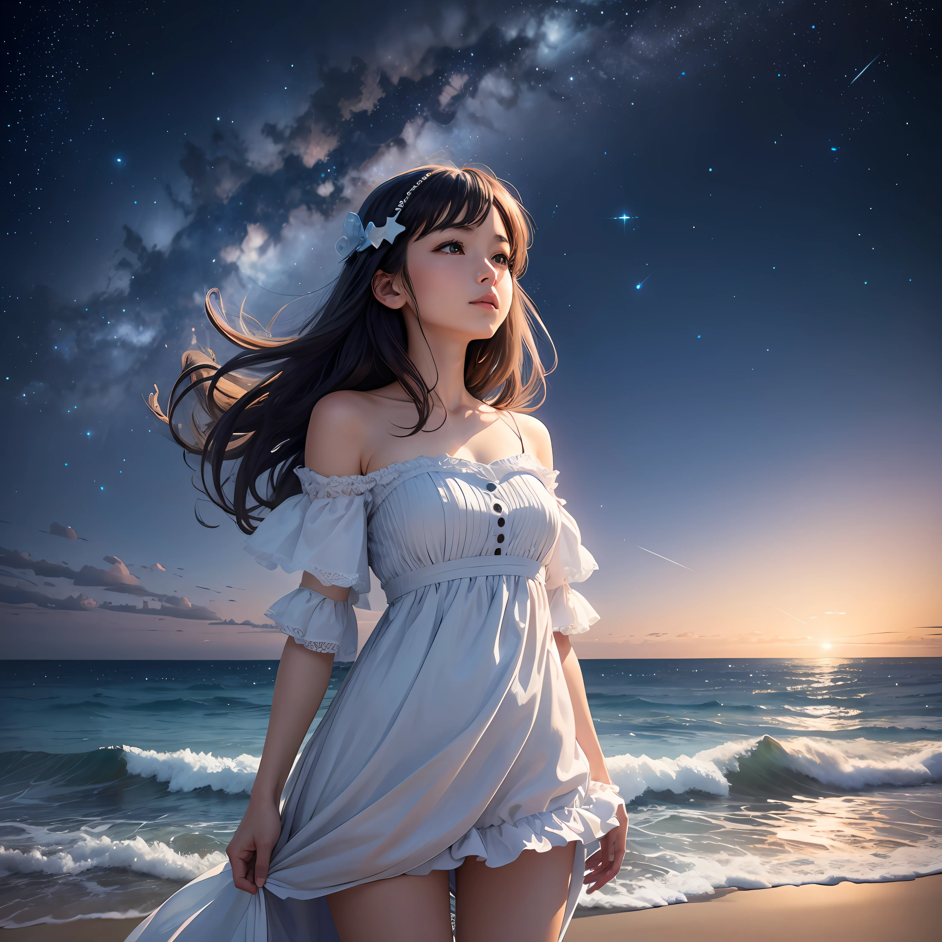 A woman by the sea,Look up at this starry sky,The sea is shining with beautiful starlight,tmasterpiece,Realistis --auto