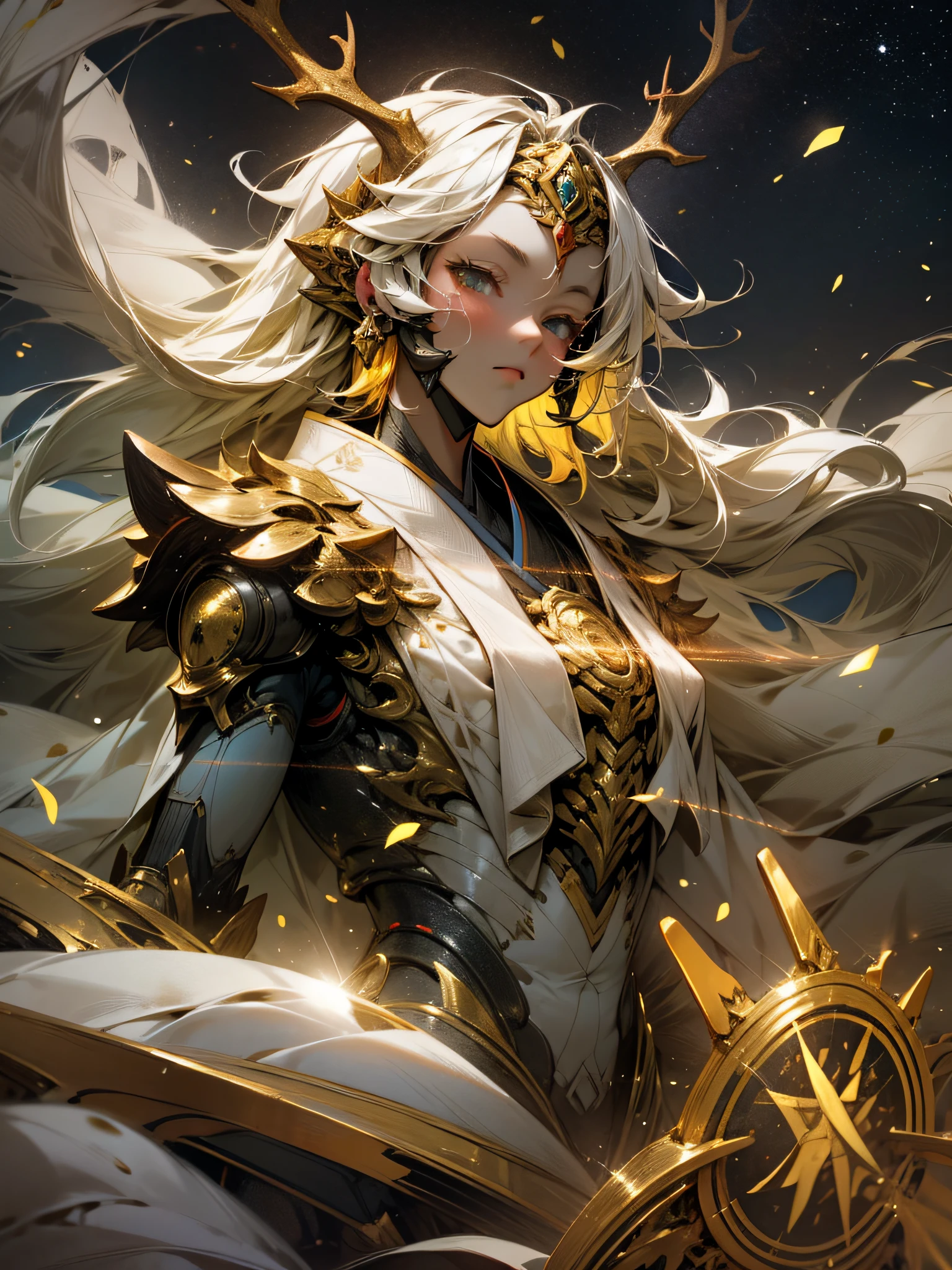 （8K，tmasterpiece，best qualtiy），超高分辨率，（realisticlying：1.4），a Oriental Dragons，Colored scales，Mecha covers the whole body，Machinary，Shining starry sky，Cloud，A detailed，ultra - detailed，sci-fy，Extremely fine，Golden runes，Particle effect，Focus，East Asian type，Golden antlers，（Magical Circle：1.2），stare into the distance