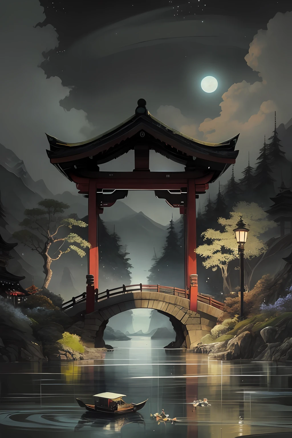 Painting of a bridge over a river with a boat in the water, japanese art style, detailed painting 4 k, by Ross Tran. scenic background, background artwork, 8k high quality detailed art, andreas rocha style, stunning art style, digital painting of a pagoda, landscape artwork, Background art, G Liulian art style, Anime Background Art