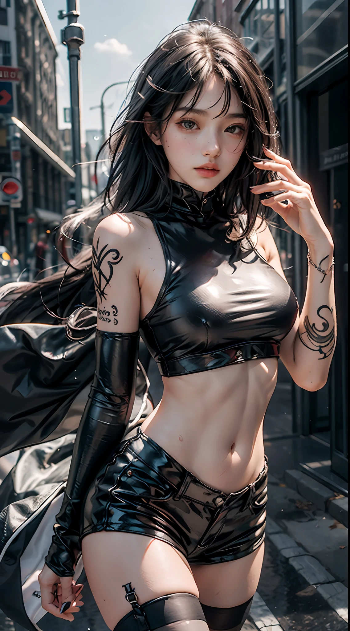 best qualtiy，tmasterpiece，超高分辨率，19-year-old girl，Long hair，Very long hair，Slim figure，slender figures，with fair skin，Very white skin，Wide viewing distance，With sunglasses，Black leather coat，Loose black coat，Crop top with crop top，Fitted with white lining，Black shorts，Super short black shorts，Wet clothes，Shoulders exposed，exposed bare shoulders，Bare waist，There are tattoos on the shoulders，Arm tattoos，There are large black tattoos，black lence stockings，Black fishnet socks，Black mesh stockings，Stockings，Suspender stockings，Stand in the street，Rained，overcast day，rainwater，（Fidelity：1.4），RAW photogr，1girll，（The upper part of the body：1.5），Bigchest (D)