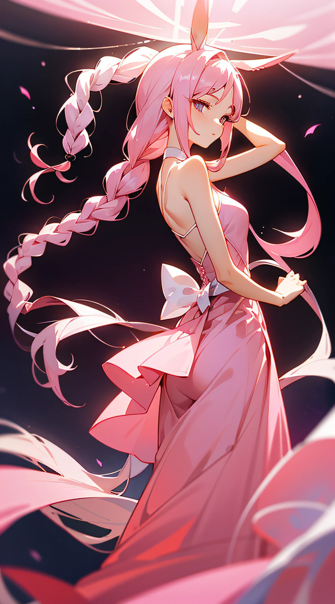 It was a woman in a long pink dress，A pair of rabbit ears，Long hair combed into long scorpion braids，Hang down gently，From the side and back, You can see her delicate and slender white neck，Long skirt cinched waist，Perfectly outlined her charming figure。
She had a faint smile on her beautiful face