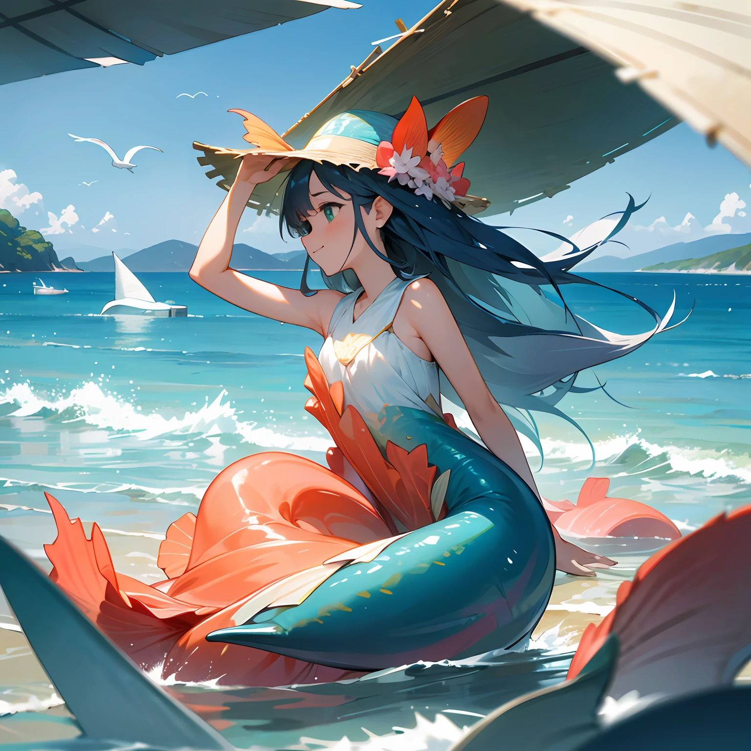 • Beautiful seaside, the Sun Shining, Splashes, Blue sea and sky, Sand, green mountains, shoreline, Fairy tale style, Happiness
	• High definition, There is a lot of detail in the picture, Panorama, Best Picture Quality, ultra-detailed, 8K分辨率, gracefulness, Exquisitely, harmonious
	• Dense seabed, beautiful corals, mermaids, dolphins, starfish, conch, handicraft, seabird, mistic, freshen