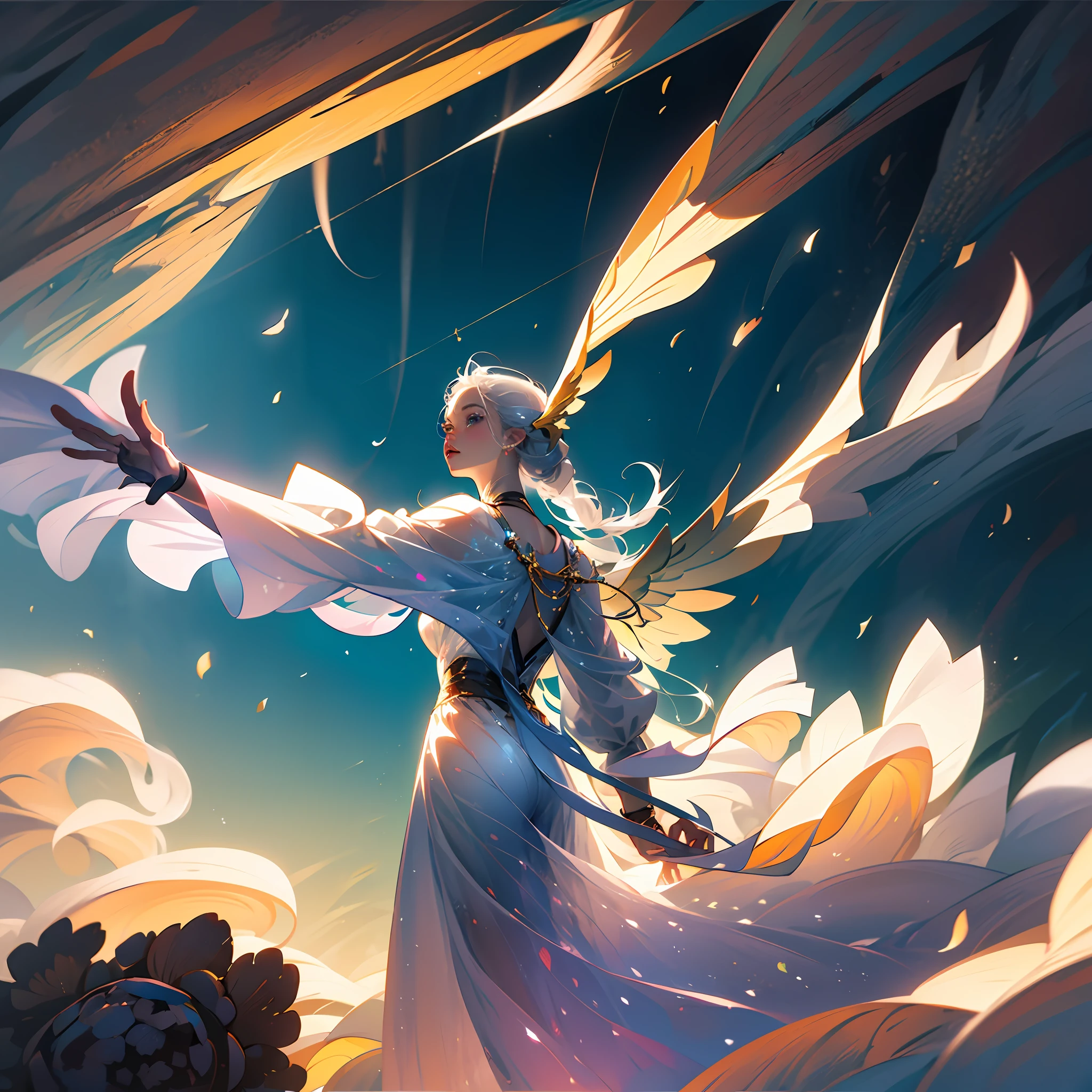 (tmasterpiece,Side Body,over distances,Above the clouds,3D comic style,white skinned,Silvery hair,Male characters,Floating in the air,There are houses on the clouds in the distance,Male angels,The back has long angel wings,Bow your head slightly,Hands open slightly,The body leans back,Parallel perspective,Look ahead