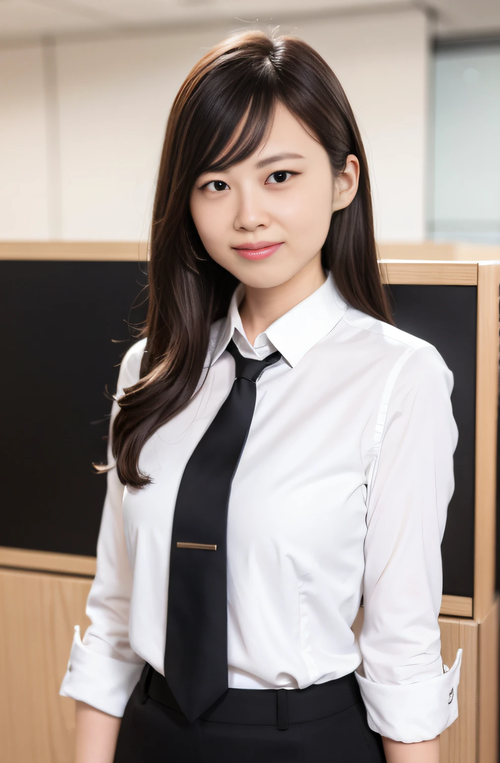 1 girl, solo, parted lips, office lady, business attire,
White background, arms behind head, side looking at the audience, smiling,