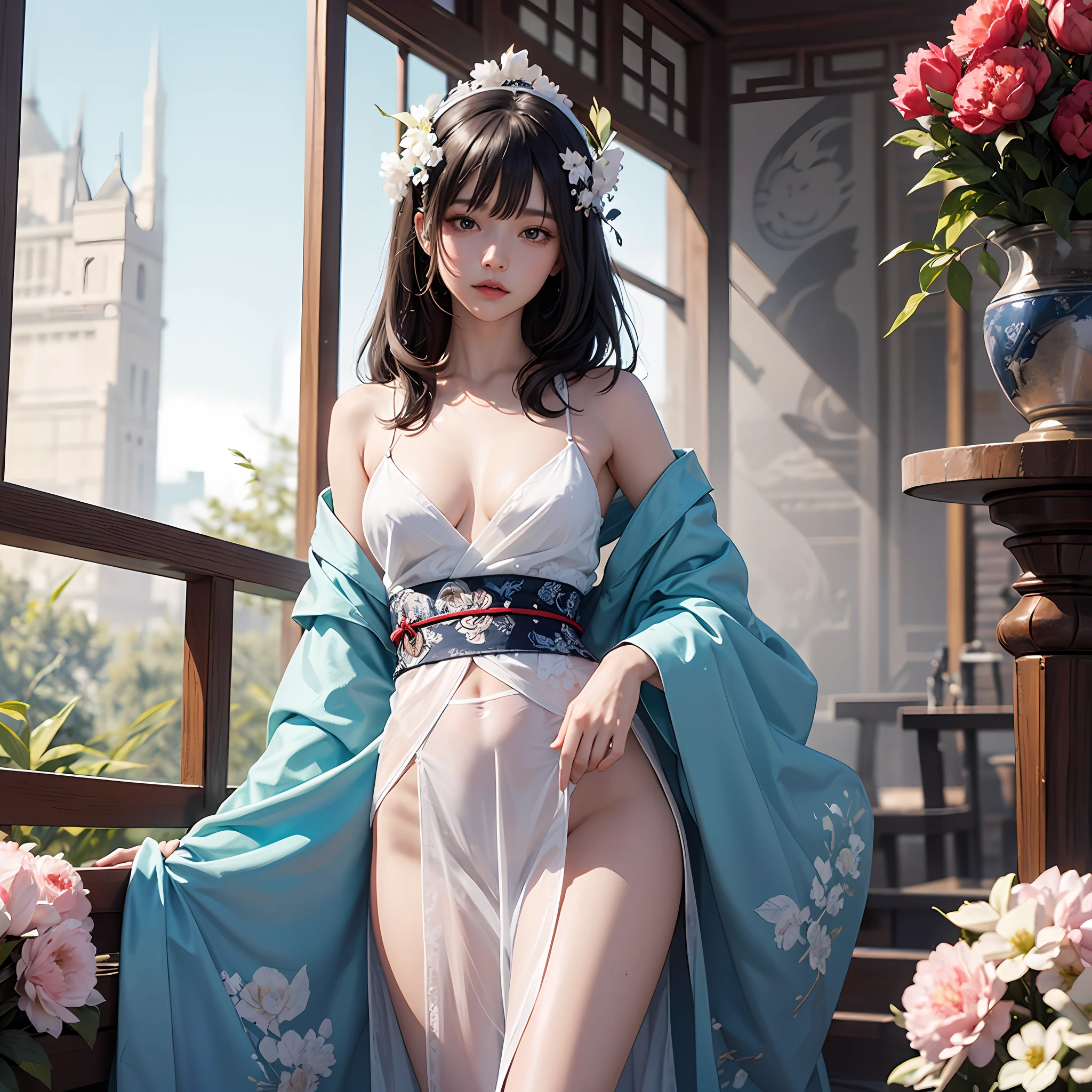 offcial art,Unity 8k壁纸,ultra - detailed,aestheticly pleasing,big breasts beautiful,tmasterpiece,best qualtiy, mistic, romanticism lain, An air of terror, literary, Artistically, Fashionab, Tang Dynasty era, decor, iintricate, embroidery,Blue Hanfu,White sheer tulle coat,1girll,black color hair,Peony hairpin,Sad,A sense of fatalism,Bust composition,Dramatic composition,电影灯光,dynamic viewing angle,Raised sexy,Bare shoulders,show legs,full of seduction,White flower bushes,Small blue flowers,Small red flowers,butterflies flying,Chinese dynasty courtyard background,Hazy,The fog is hazy,Dramatic composition,best qualtiy,tmasterpiece,超高分辨率,(realisticlying:1.4),1girll,Raised sexy,(The shirt:1.2),(brassier:1.2),(big cleavage breasts:1.3),(The upper part of the body:1.4) --auto