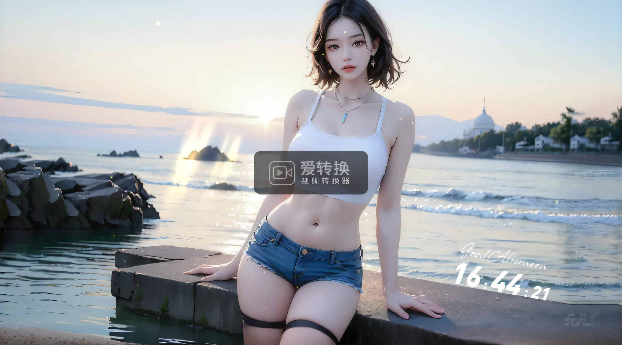 Allafard Asian woman sitting on the dock，The background is sunset, trending at cgstation, trending on cgstation, 2 4 year old female model, hot with shining sun, photo of slim girl model, Instagram model, photo of slim girl, wearing two - piece swimsuit
