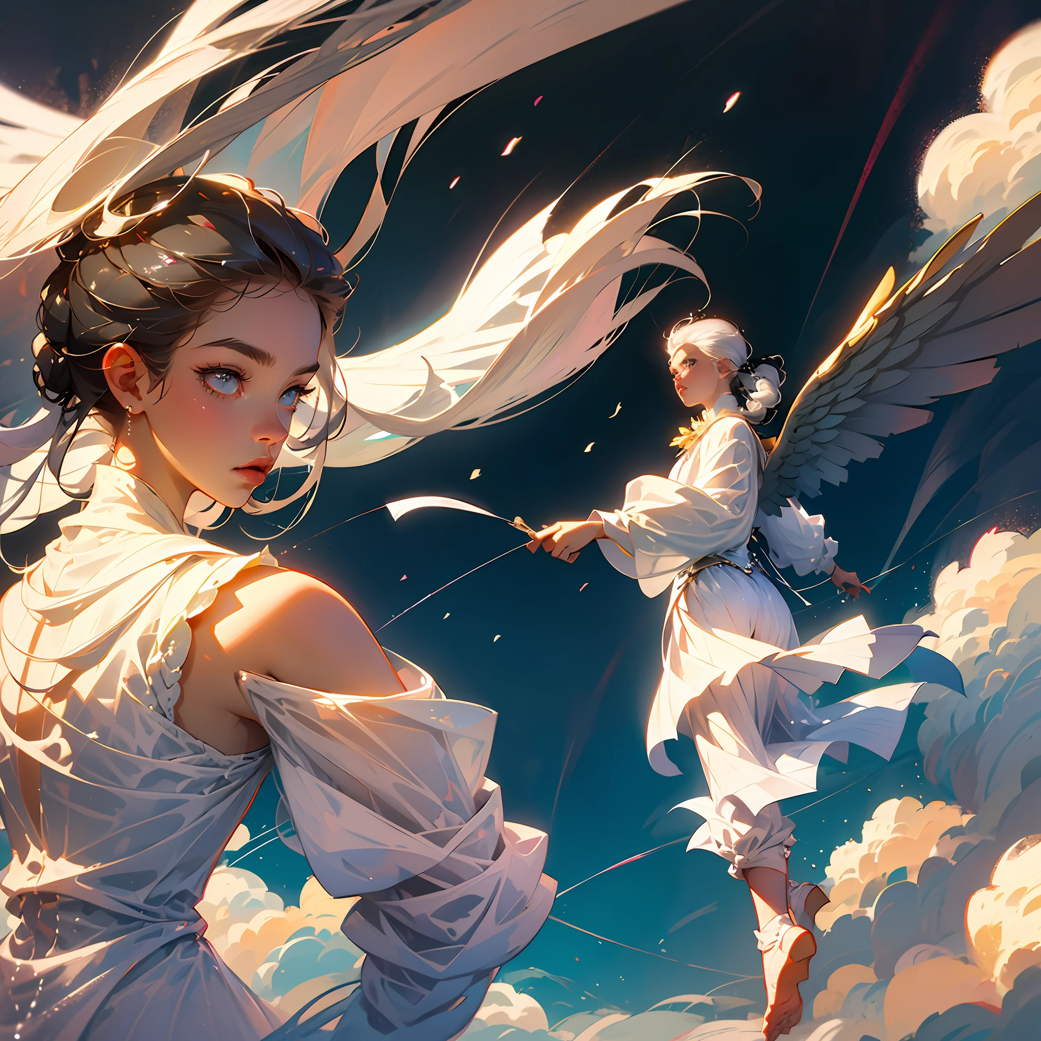 （tmasterpiece，Side Body，over distances，Above the clouds，3D comic style，white skinned，Silvery hair，Male characters，Floating in the air，There are houses on the clouds in the distance，Male angels，The back has long angel wings，Bow your head slightly，Hands open slightly，The body leans back，Parallel perspective，Look ahead