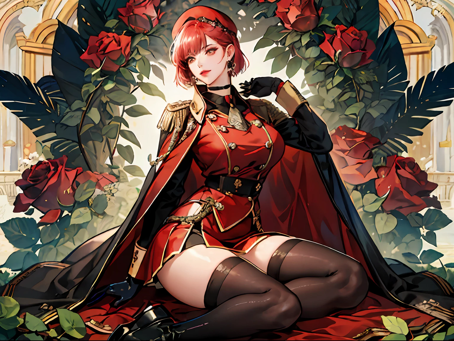 shoujo-style, absurdres, best quality, amazing fine details, high resolution, all intricate, masterpiece, awsome many layers,
rose flower military secretary,evil smile, sadistic, seductive eyes,
(fusion rose flower and woman, woman form rose flower, fusion, rose flower woman,
vines, thorn), (rose flower headpiece), (thorn coiled around her body),
fusion rose flower and military suit, rose flower, (rose red hair, fusion rose flower and hair), rose tattoo,
(luster glossy shiny metallic latex business military outfit),
milf, mature woman,female business-person, glasses, sullenness, 40 years old,
CEO, shirt, tight skirt, black choker, earrings,
bob cut, blunt bangs, fusion satin and latex military uniform, beret, chest cut out, military skirt, cloak, gloves, boots, tights, epaulette, whip, necktie, knee socks, Garter Belt, panties, tuck up skirt,holding whip,
detailed surface texture, breast enhancement, gigantic boob, toned female, glamorous perfect female proportion,