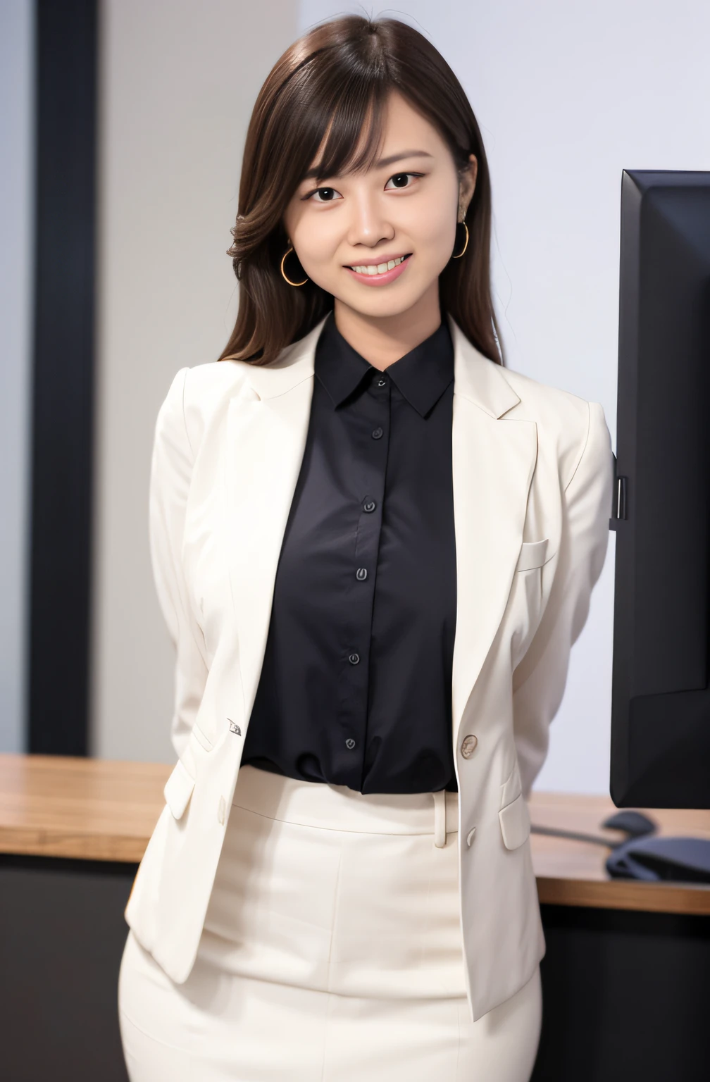 1 girl, solo, parted lips, office lady, business attire,
White background, arms behind head, side looking at the audience, smiling,