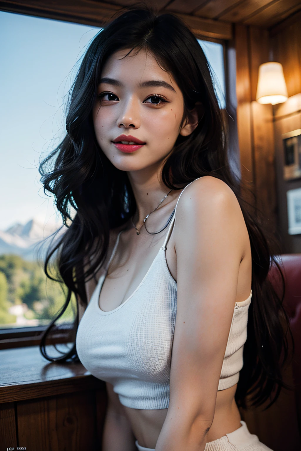 (in 8K、 Raw photography、top-quality,、hight resolution),、(hyper realisitic)、(realisitic),、Soft light、、girl with、Lifelike face、Realistic body、real looking skin、absurderes、masterpiece、Cuties、独奏、Innocent eyes、blusher、Cinema Lights、cherry colored lips、The hair 、a closeup、looking at viewert、 Open lips,、Upper teeth,、(Smiling eyes:0.6)、eyes focus、professionally lit、CG Social Trends、Plastic En、((Black Long Hair))、((Beautuful Women))、(A smile)、Fashionable、A sexy、Hair that flutters in the wind、((Flowing hair))、Happy -、fashion magazine、((lighting like a movie))、((mountain hut))、((blue-sky))、goddes、