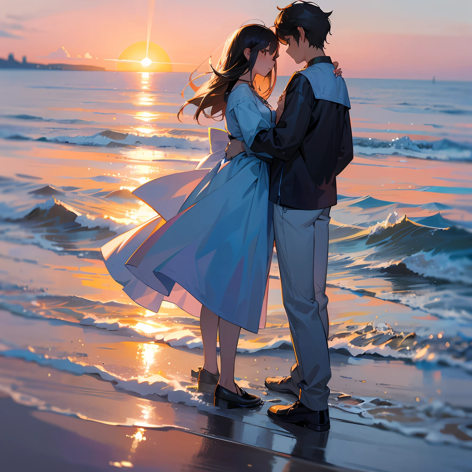 A couple watching the sunrise by the sea，The girl was wearing a long black dress，The girl has long black hair，Girl carrying necklace satchel，Girls are a little taller than boys，The boy wears a white top，Black  shorts，