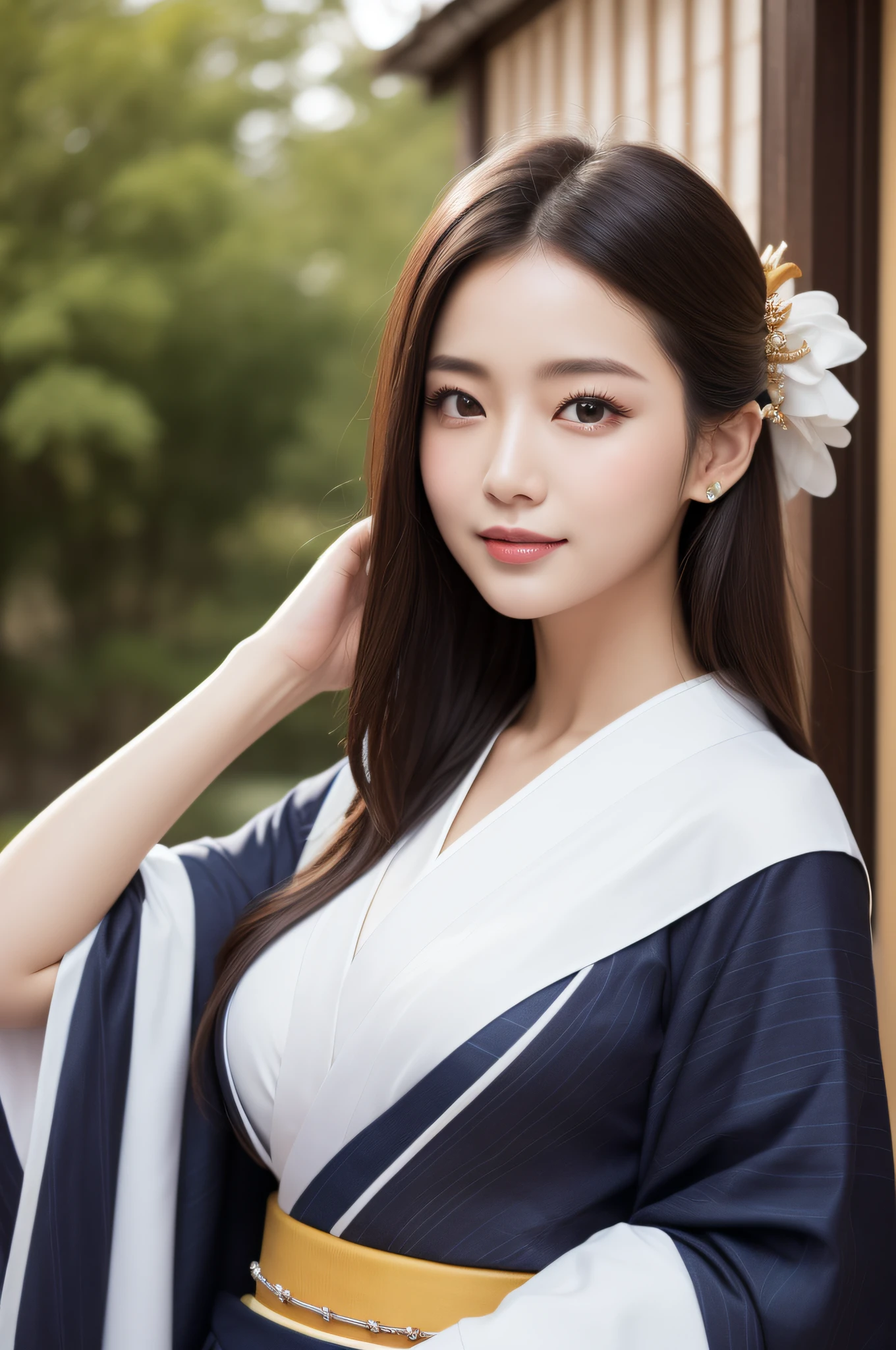 ((top-quality、8K、a masterpiece of:1.3))、foco nítido:1.2、(ultra beautiful faces:1.0)、(Slender Abs Beauty:1.0)、(shinny skin:1.0)、photos realistic、A dark-haired、Video Lighting、High-definition eyes and face、Video Lighting、(cowboy shot:1.3)、(Kimono、Hakama、Obi:1.4)、(Korean Cute Actress)、Traditional kimono、from the front side、medium large breasts、A slight smile