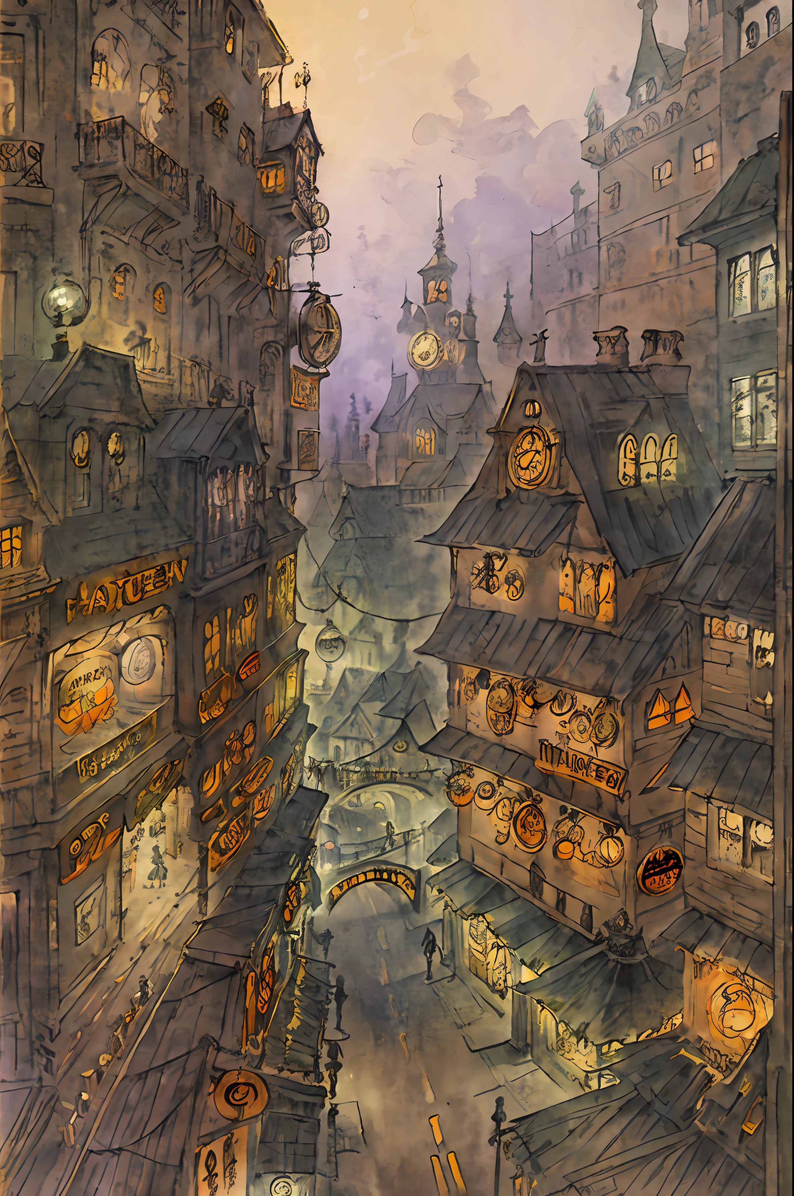 One-person viewpoint、Beautiful futuristic Halloween color shopping street packed with 3D, 2D and steampunk elements、Dreamy views of steampunk tower architecture and magical elements、Vivid HD Animation Halloween Color Shopping Street、Animated landscape concept art、Gorgeous Golden Steampunk Shopping Street、Steampunk Halloween-colored shopping streets and anime-style fantasy artwork