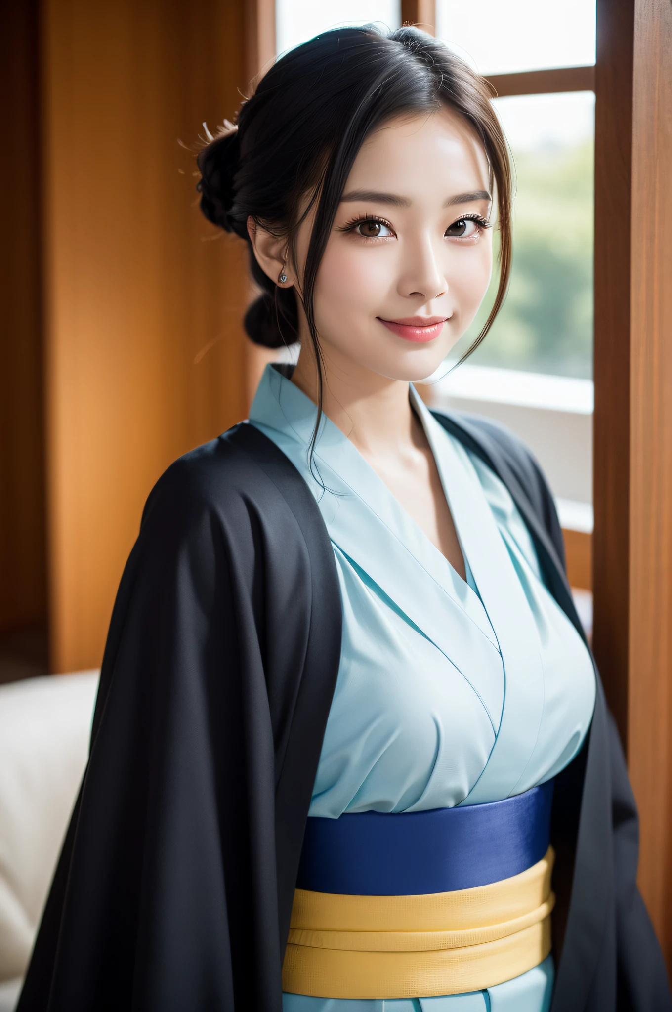 ((top-quality、8K、a masterpiece of:1.3))、foco nítido:1.2、(ultra beautiful faces:1.0)、(Slender Abs Beauty:1.0)、(shinny skin:1.0)、photos realistic、A dark-haired、Video Lighting、High-definition eyes and face、Video Lighting、(cowboy shot:1.3)、(Kimono、Hakama、Obi:1.4)、(Korean Cute Actress)、Traditional kimono、from the front side、medium large breasts、A slight smile