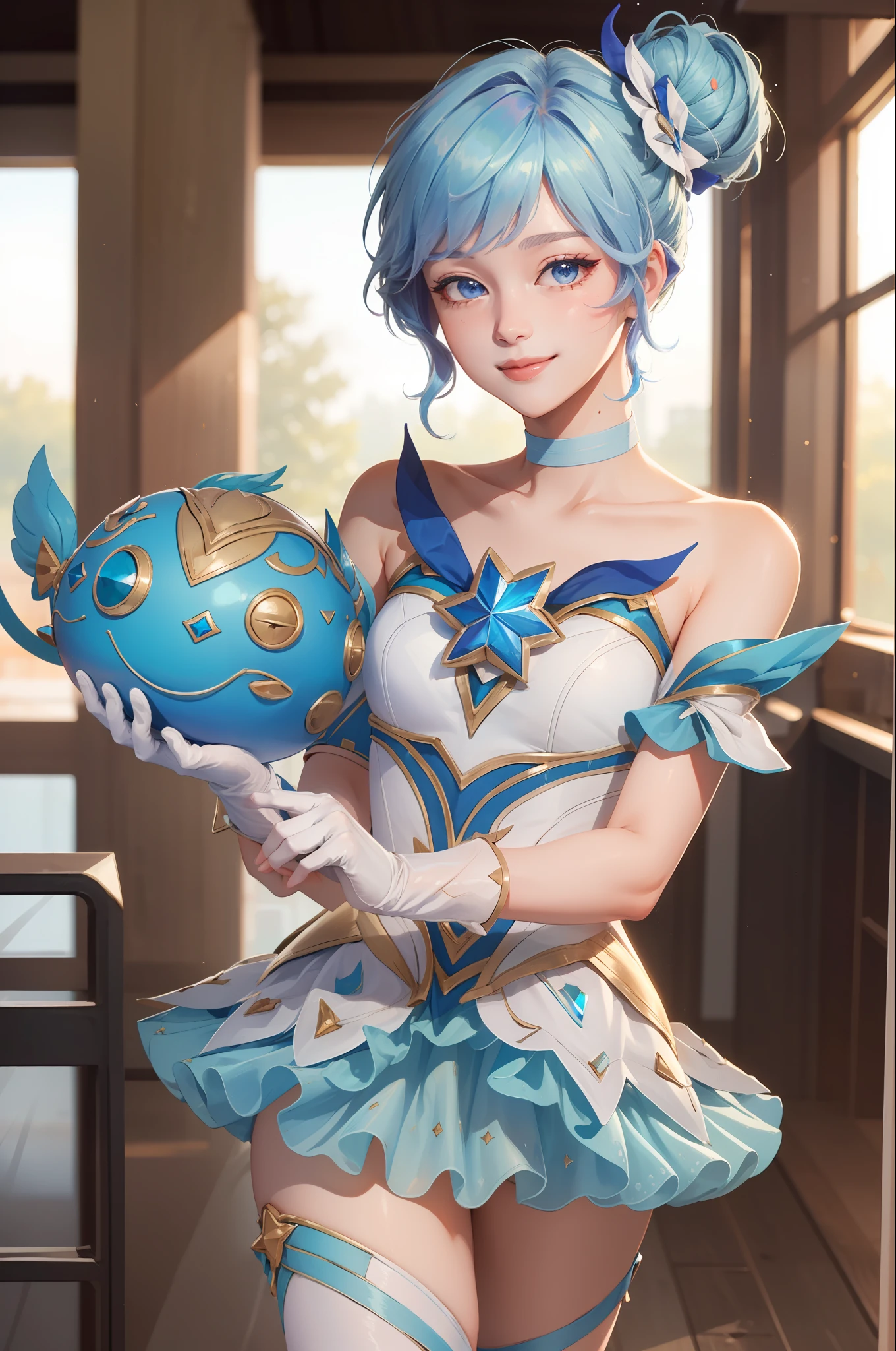 (Masterpiece:1.4), (Best quality:1.2), star guardian orianna, Blue hair, hair-bun, Ballerina, Short dress, White gloves, Smile, Upper body, Cowboy shot