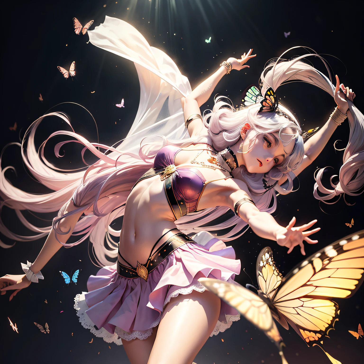 A princess,whaite hair,dance,Butterfly skirt,choker necklace,long whitr hair,veils --auto