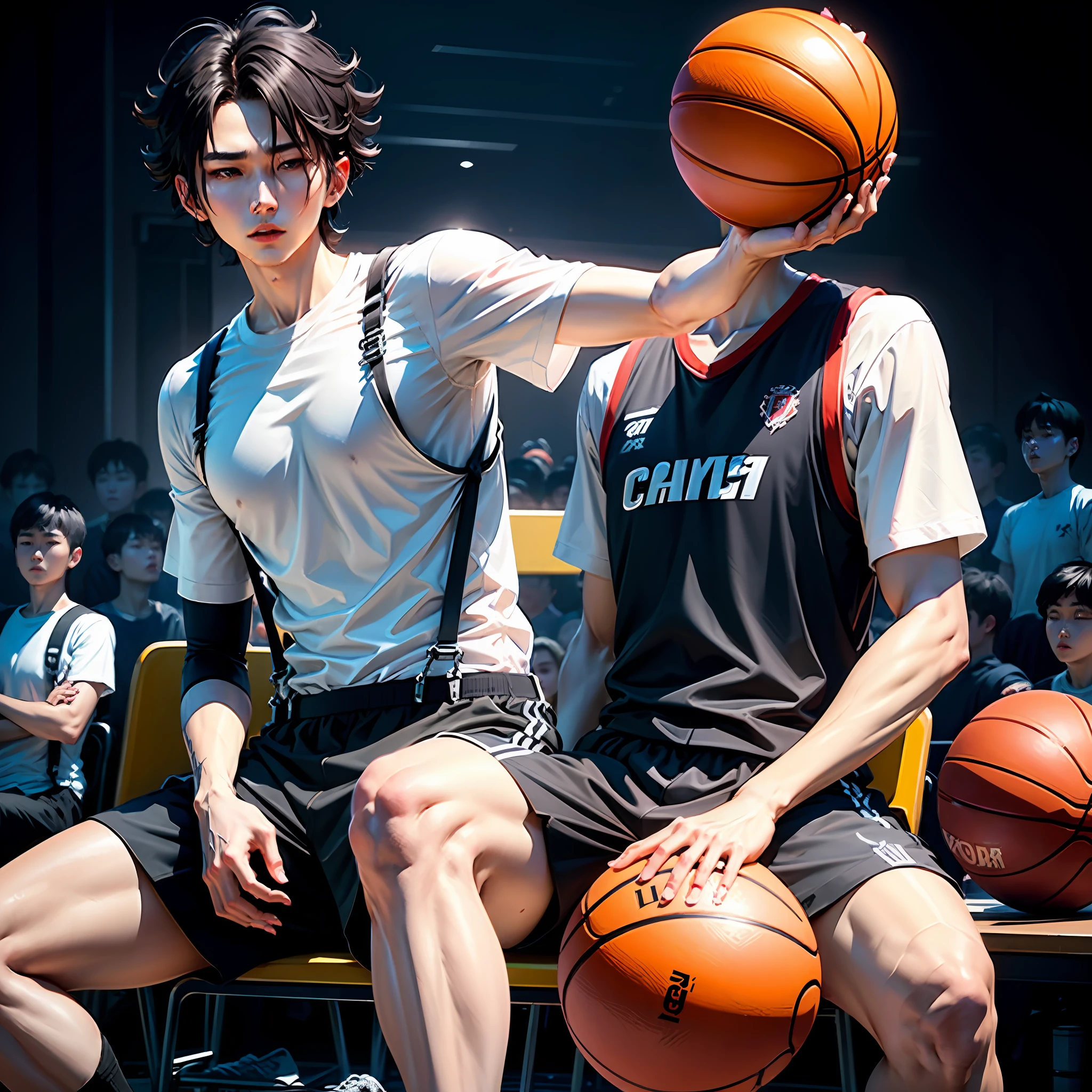 Cai Xukun's,Silver middle split,White shirt,Black suspenders,basketball ball。 --auto