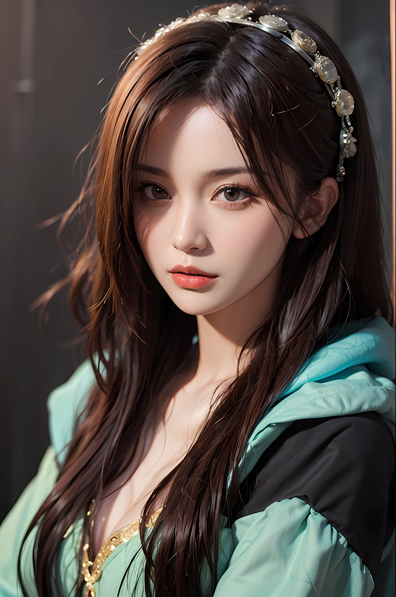 （Positive focus），（in the darkness nigth：1.6），Surrealistic Female Portraits by David Hockney and Alphonse Mucha，：1.2，（nakeness：1，5） ， Fantasyart， photograph realistic， 动态照明， artstation， poster for， Volumetriclighting， Very detailed faces， 4 K， Award-Awarded， 1girll， in the darkness nigth， deep shading， low tune， cowboy lens， （nakeness：1.4）， long whitr hair， brunette color hair