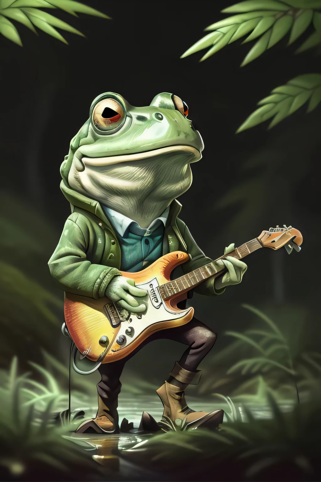 a Toad playing guitar in a Coniferous Swamp
