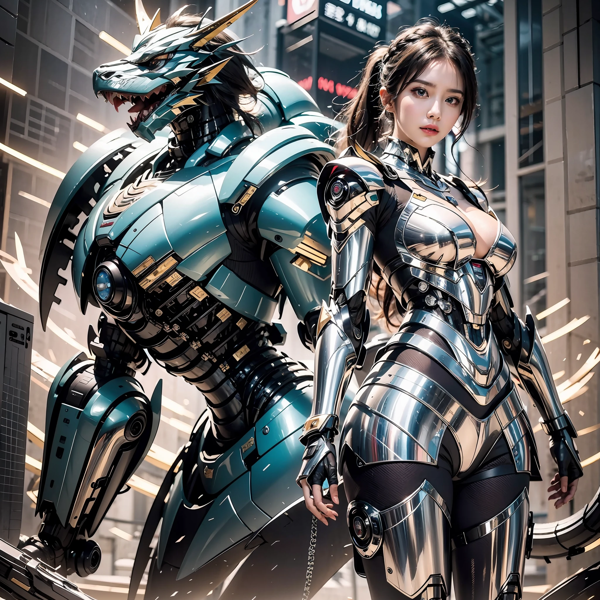 tmasterpiece,(best qualtiy:1.2),(super-fine:1.2),illustratio,(Extremely refined and beautiful:1.2),Movie Angle,floatking,电影灯光,Exquisite sky,((one-girl)),((drak)),((mechs)),whaite hair,eBlue eyes,(high ponytails:1.1),(A girl stands in front of the camera,There is a huge mecha dragon behind him)