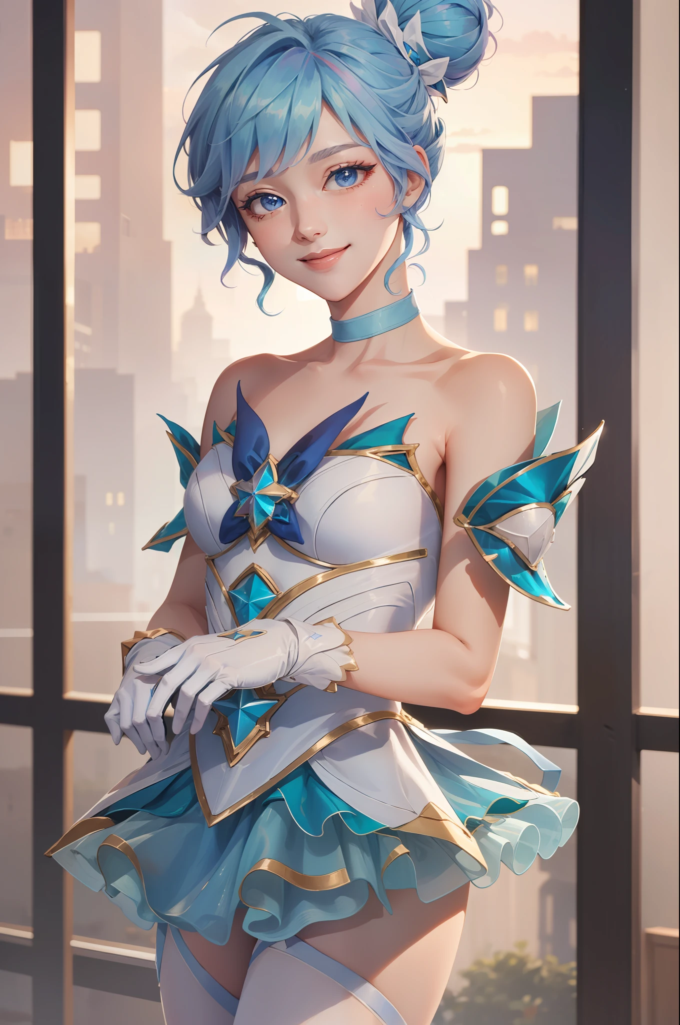 (Masterpiece:1.4), (Best quality:1.2), star guardian orianna, Blue hair, hair-bun, Ballerina, Short dress, White gloves, Smile, Upper body, Cowboy shot