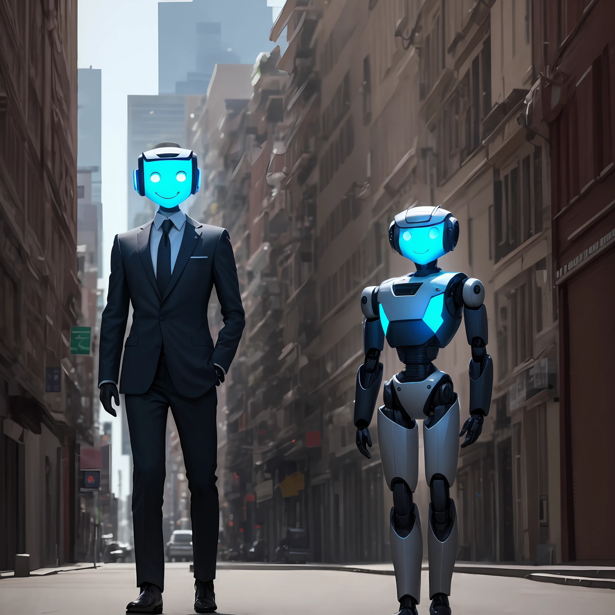 [Image of a human-looking humanoid robot standing in an urban environment. The robot is wearing a black suit and tie. The robot has blue eyes and black hair.The robot is smiling and looking at the camera.] --auto