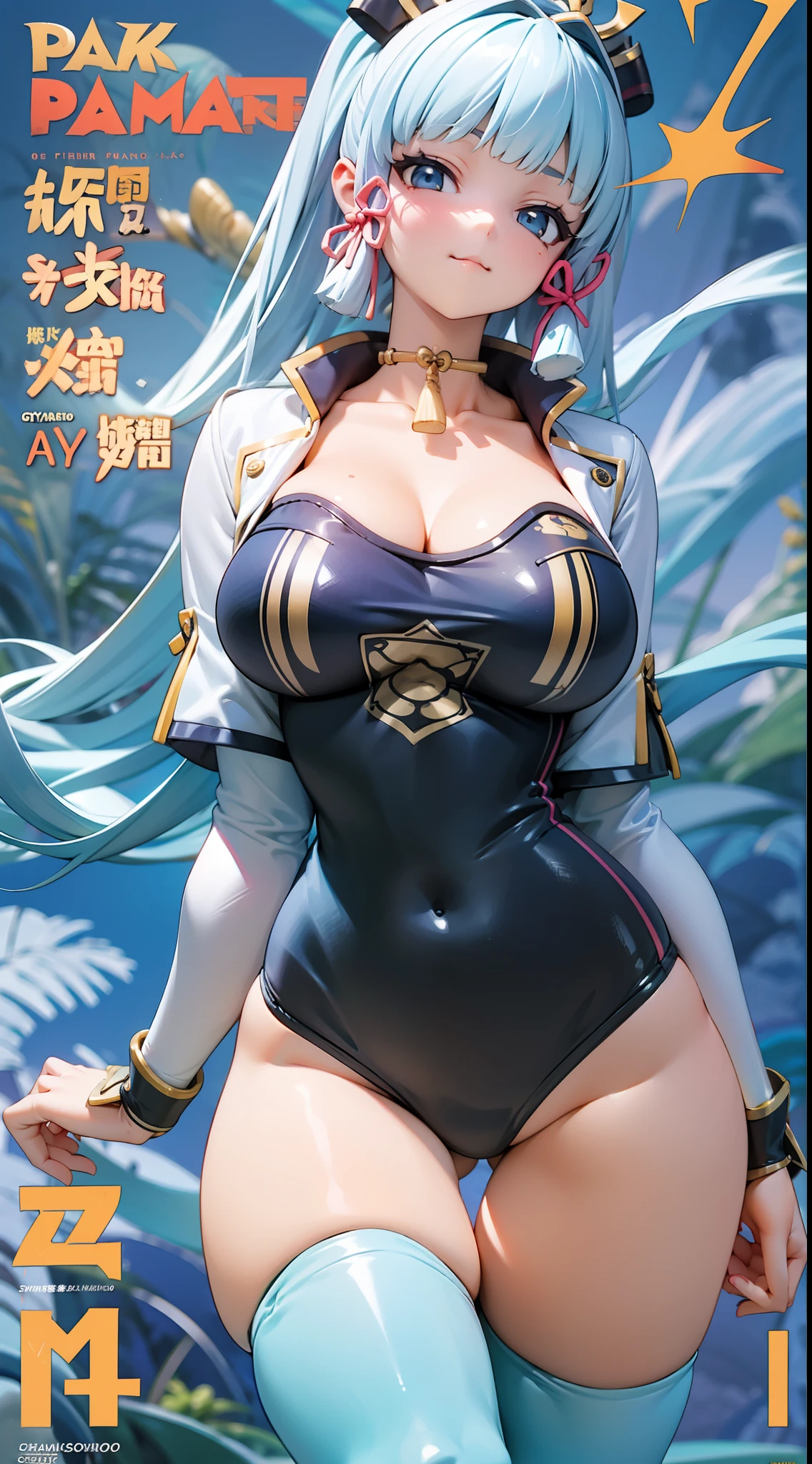 Kamisato Ayaka,Cool attire,Slim and healthy body shape,huge tit,Ocean park,The curve is obvious,Gym girl,Fleshy thighs,Comic cover style,Comic title,adolable,Ocean park