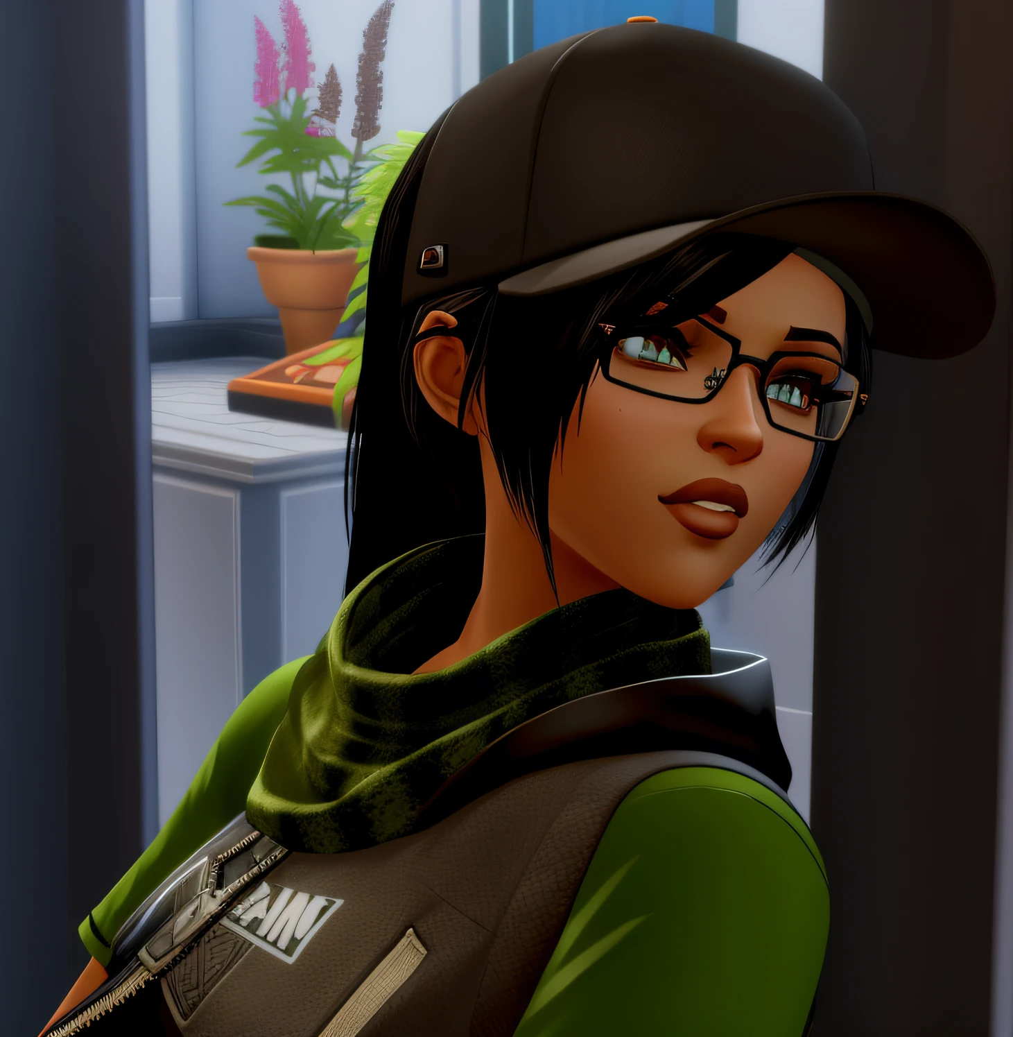 there is a woman with glasses and a hat in a room, an edgy teen assassin, diesel punk female, sims 4 screenshot, anya from spy x family, sly expression, close up half body shot, character close up, chloe price from life is strange, quinn, emylie boivin, the sims 4, floralpunk elysian maiden, character close-up