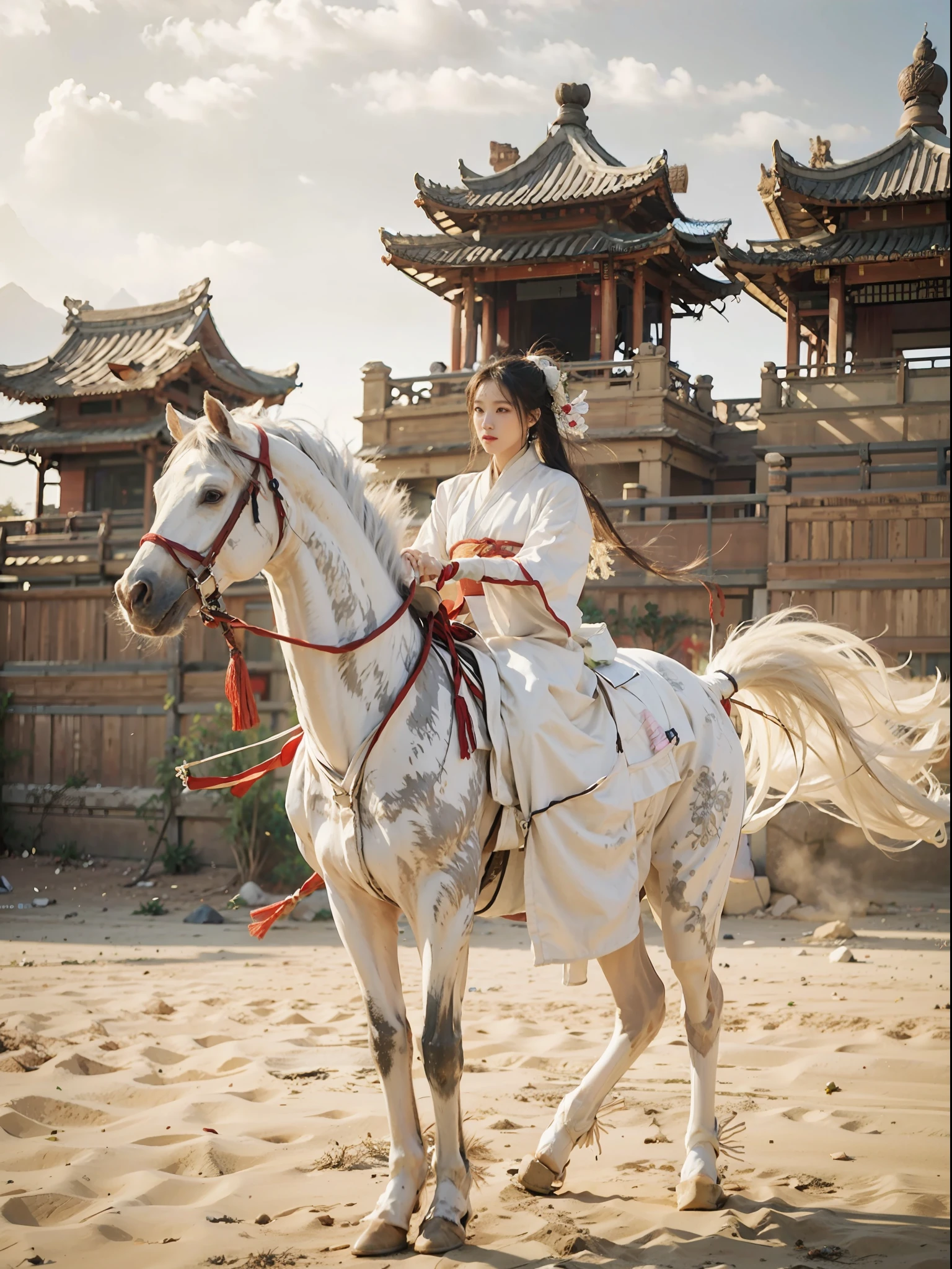 1girll，Bunched hair，hair-bun，Ancient Chinese white robe and Hanfu, Bamboo_Hat, Riding a tall white horse，Wield an ancient Chinese sword，A desert，Ancient Chinese fortress background, castle wall, （strong winds：1.5），Ultra-detailed face and eyes，32K，best qualtiy，Bokeh，softlighting，Natural lighting