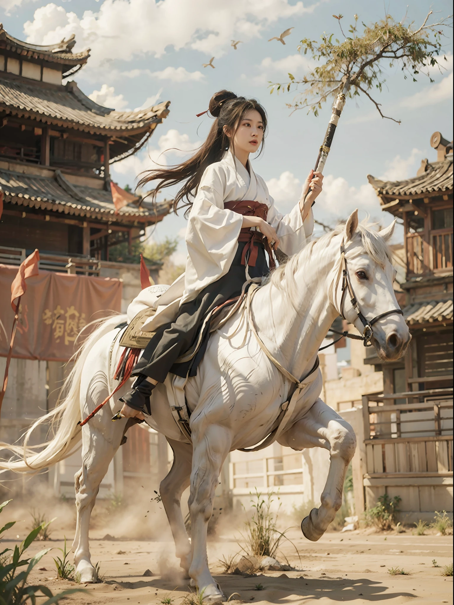 1girll，Bunched hair，hair-bun，Ancient Chinese white robe and Hanfu, Bamboo_Hat, Riding a tall white horse，Wield an ancient Chinese sword，A desert，Ancient Chinese fortress background, castle wall, （strong winds：1.5），Ultra-detailed face and eyes，32K，best qualtiy，Bokeh，softlighting，Natural lighting