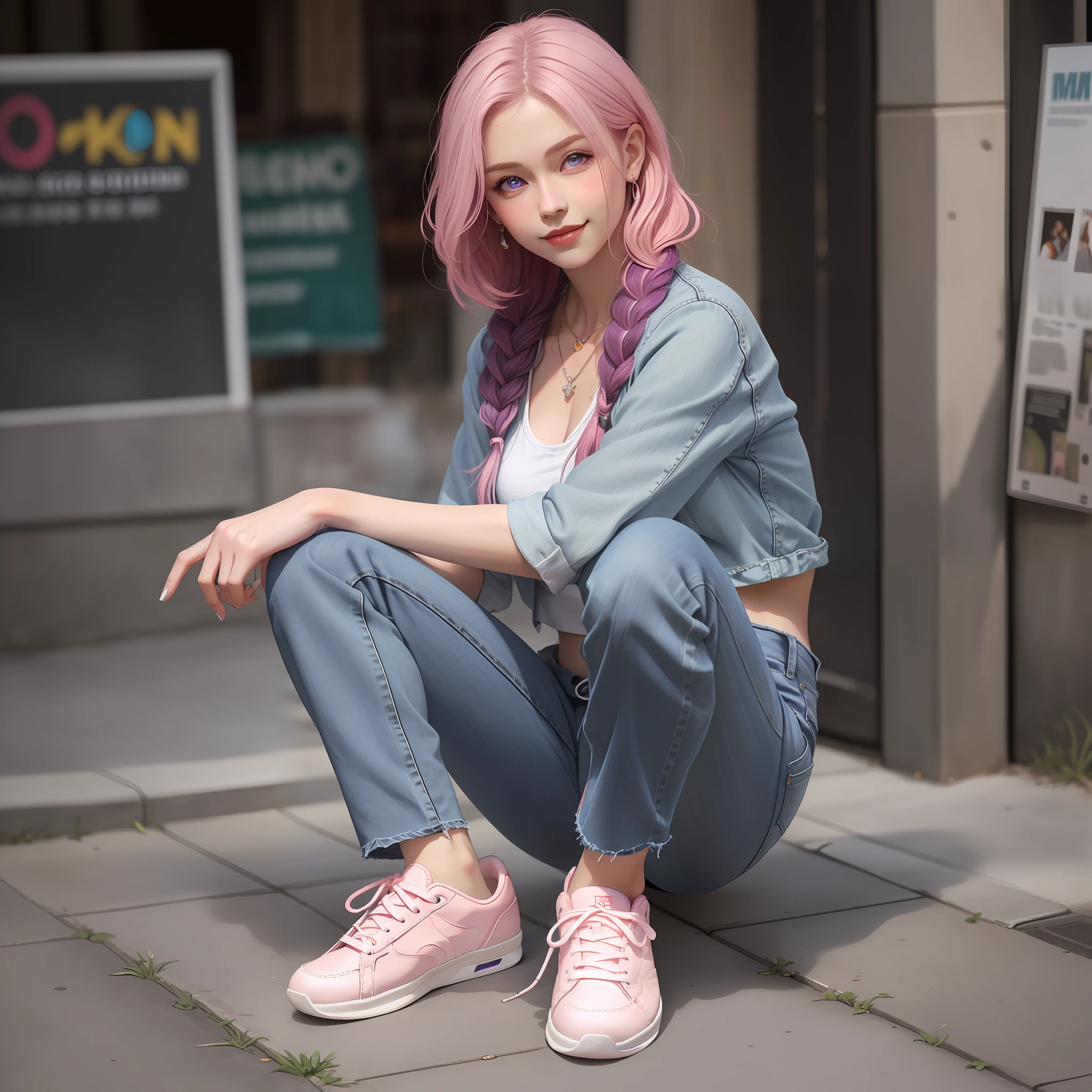 Masterpiece, Best quality, Photorealistic, Outdoors, Beautiful lighting, Cinematic lighting, wall, Simple background, Cafe, street, day, Sunlight, in public, crowd
and Yae Miko, Pink hair, Pink eyes, teasing, Smug, fake smile, headtilt, kneesup, view the viewer, Glossy glossy skin, Pose, Contrapposto, Medium breasts, Jeans, Pants, Long pants, Denim, navel, midriff, nose blush, necklace, (Sneakers:1.2)
And Raiden General, Purple hair, Purple eyes, Serious, Blush, view the viewer, Single braid, shirt, Long hair, Crossed legs, Glossy glossy skin, Pose, crouched, Medium breasts, Jeans, Pants, Long pants, Denim, Smile, necklace,(Sneakers:1.2),